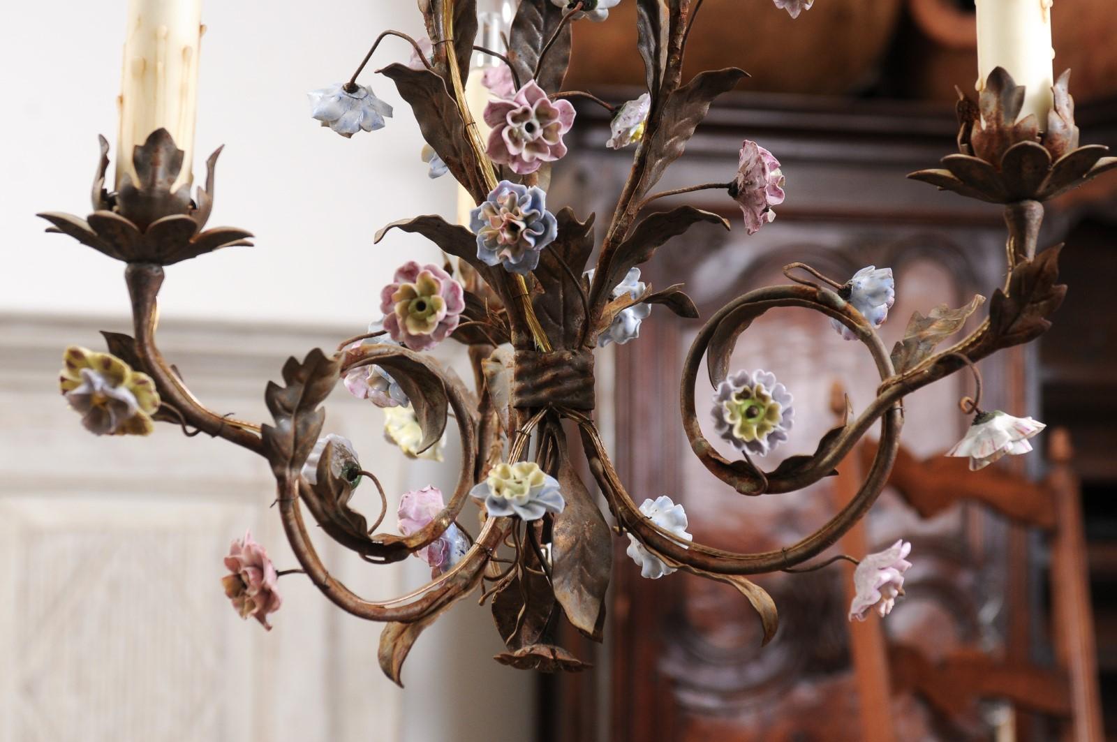 Baroque Style French Three-Light Porcelain Chandelier with Blue and Pink Flowers For Sale 6