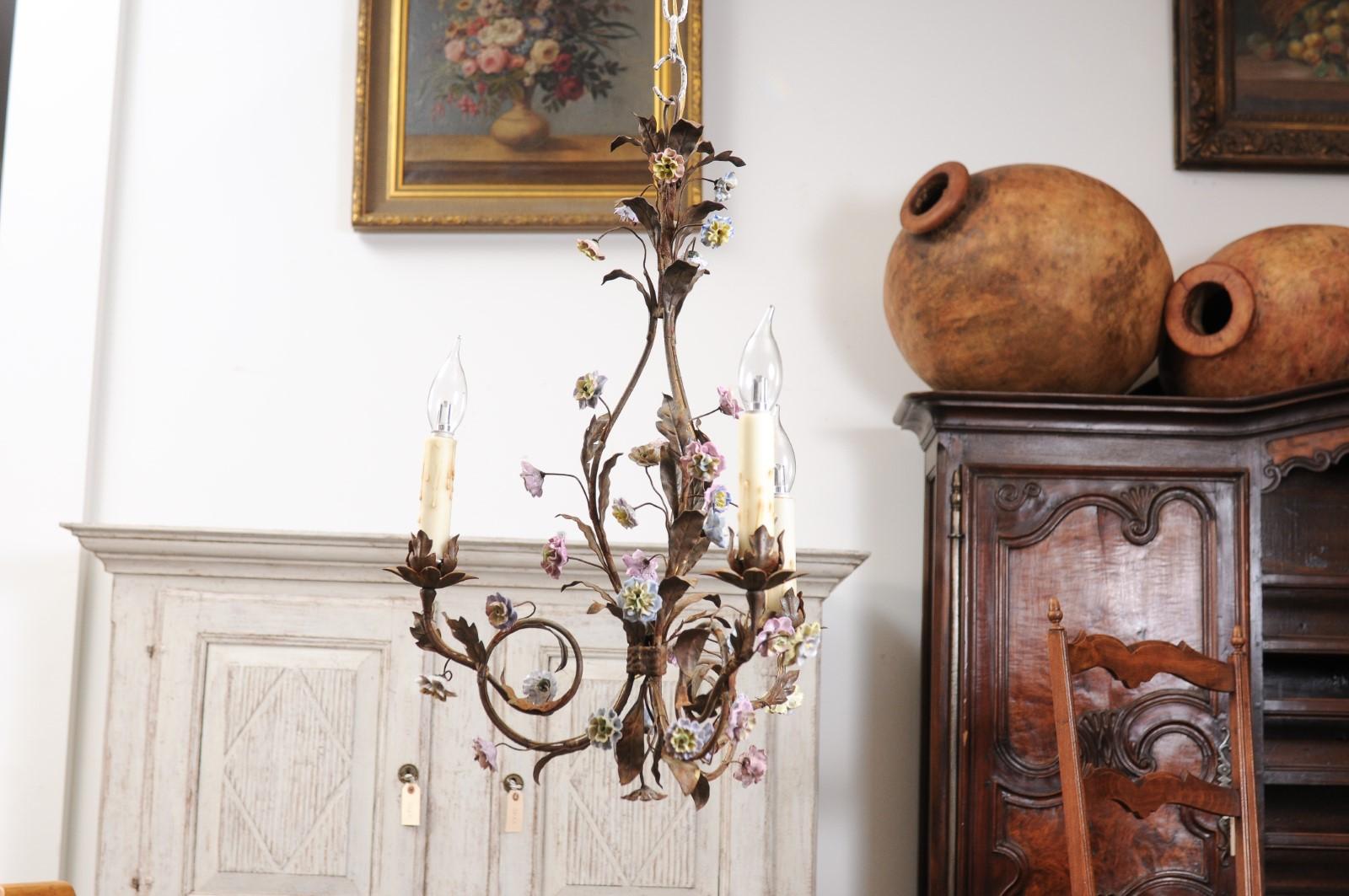 Baroque Style French Three-Light Porcelain Chandelier with Blue and Pink Flowers For Sale 8