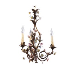Baroque Style French Three-Light Porcelain Chandelier with Blue and Pink Flowers