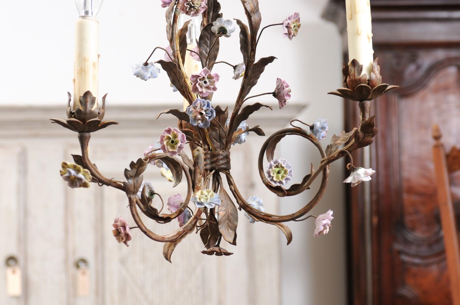 Painted Baroque Style French Three-Light Porcelain Chandelier with Blue and Pink Flowers For Sale