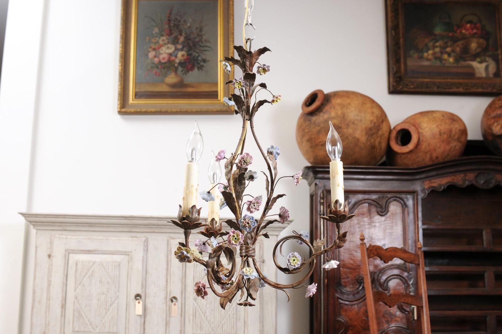 Baroque Style French Three-Light Porcelain Chandelier with Blue and Pink Flowers For Sale 2