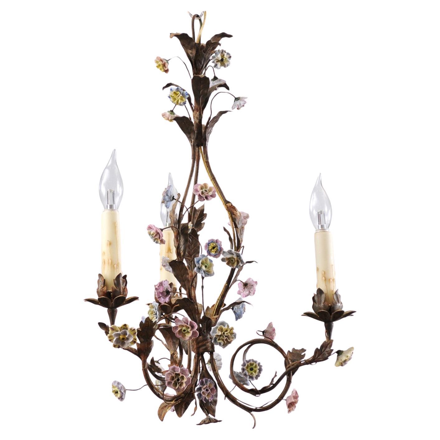 Baroque Style French Three-Light Porcelain Chandelier with Blue and Pink Flowers