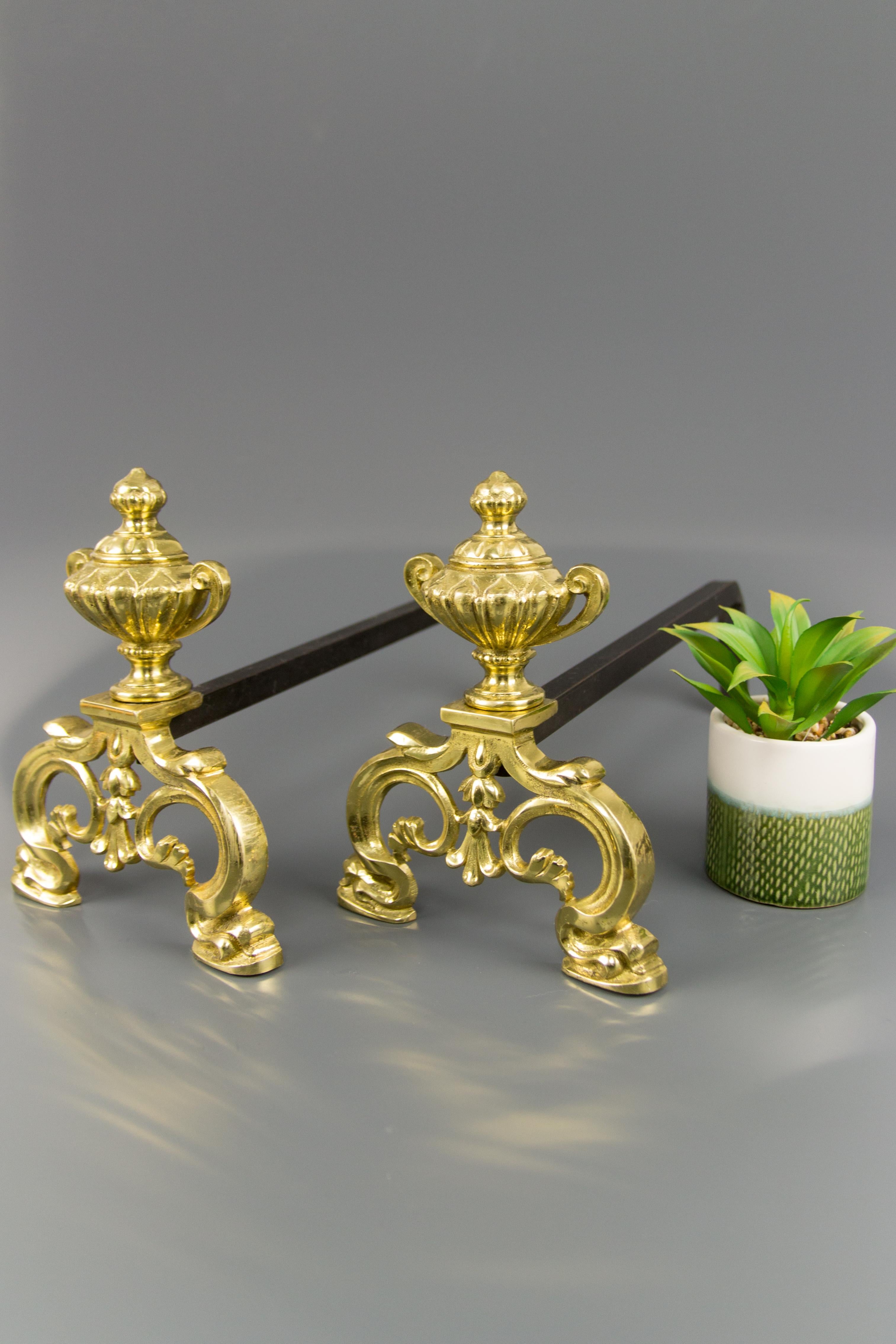 Dutch Baroque Style Gilt Bronze and Iron Andirons or Fire Dogs