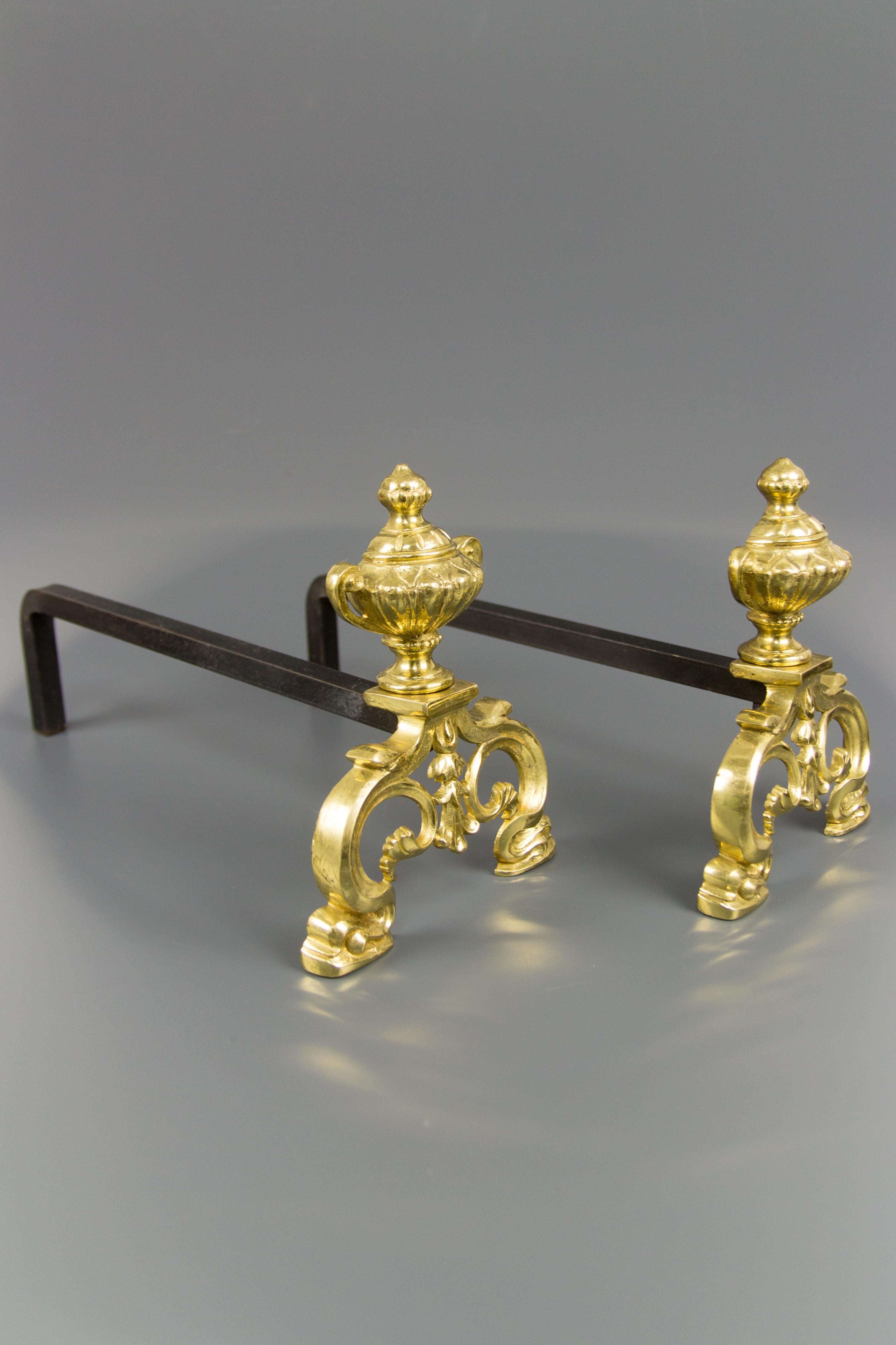Mid-20th Century Baroque Style Gilt Bronze and Iron Andirons or Fire Dogs