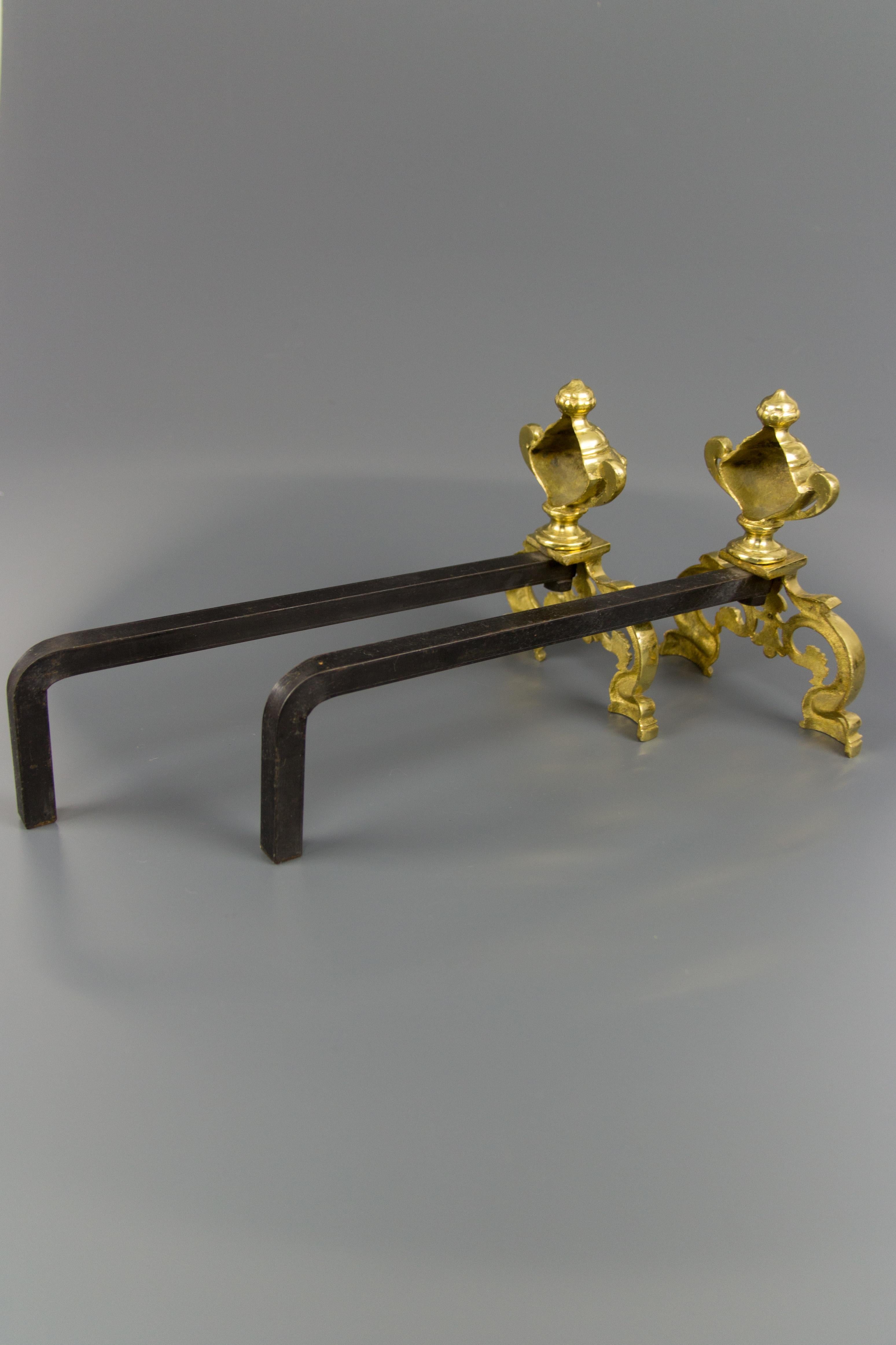 Baroque Style Gilt Bronze and Iron Andirons or Fire Dogs 1