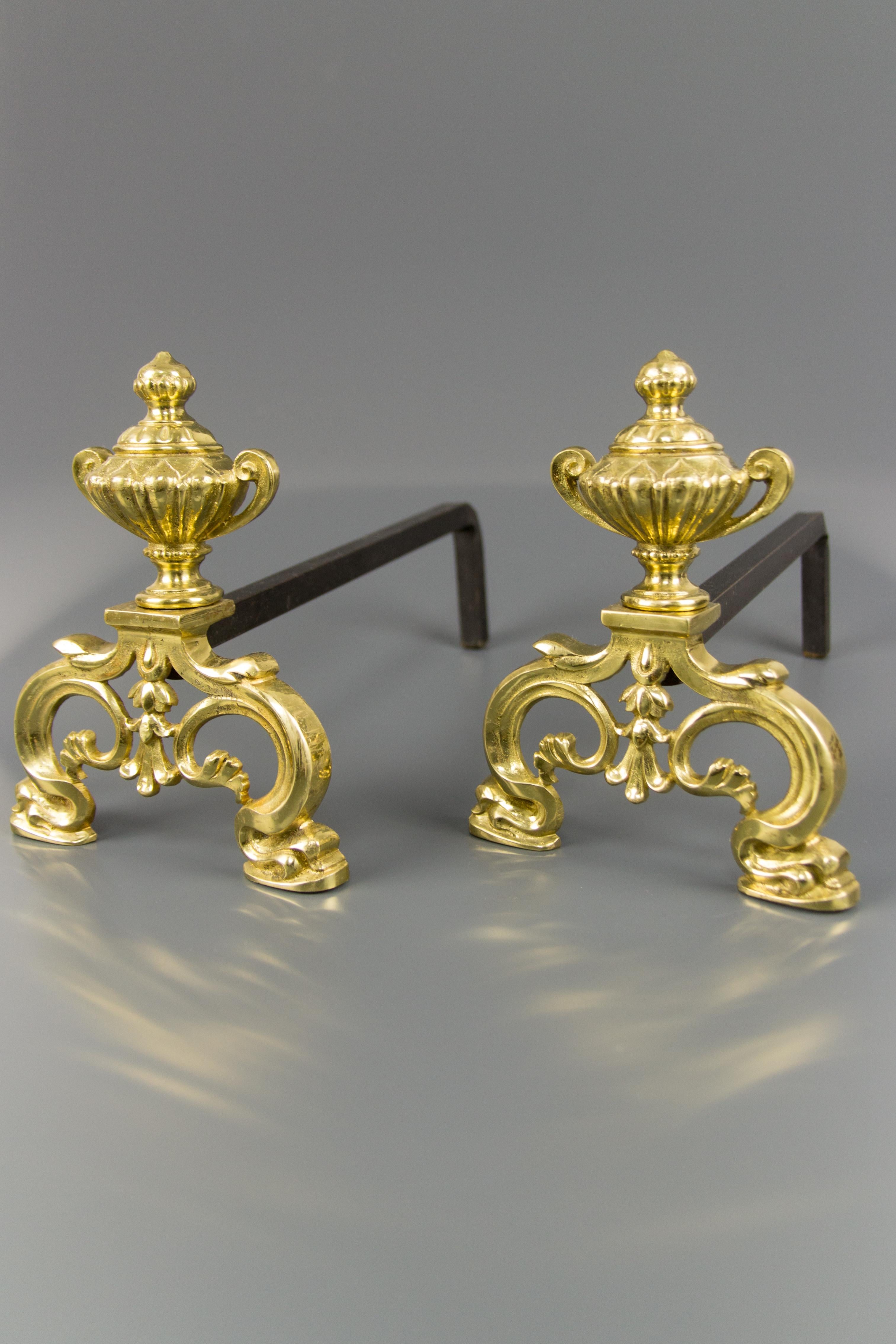Baroque Style Gilt Bronze and Iron Andirons or Fire Dogs 4