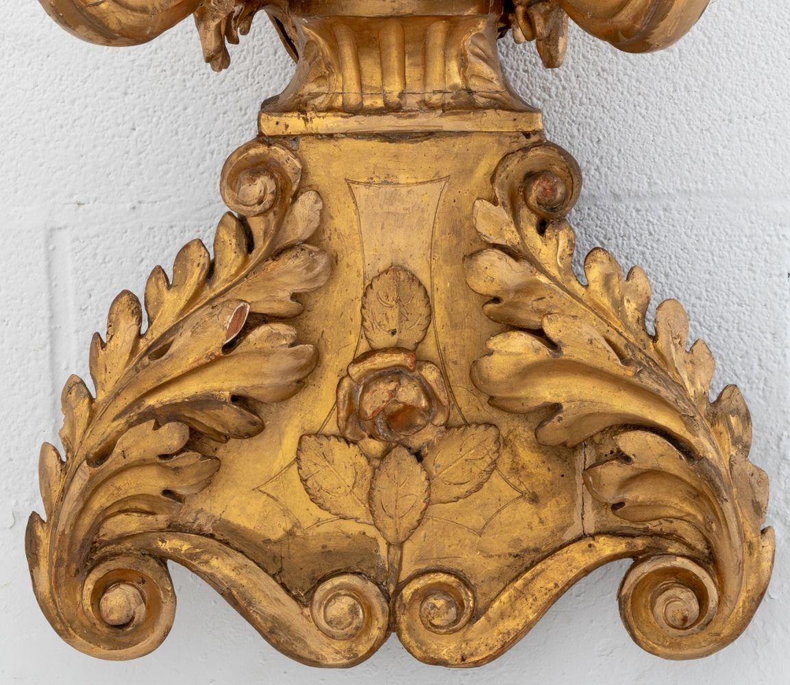 Baroque Style Giltwood Candelabra Sconces, Pair In Good Condition For Sale In Astoria, NY