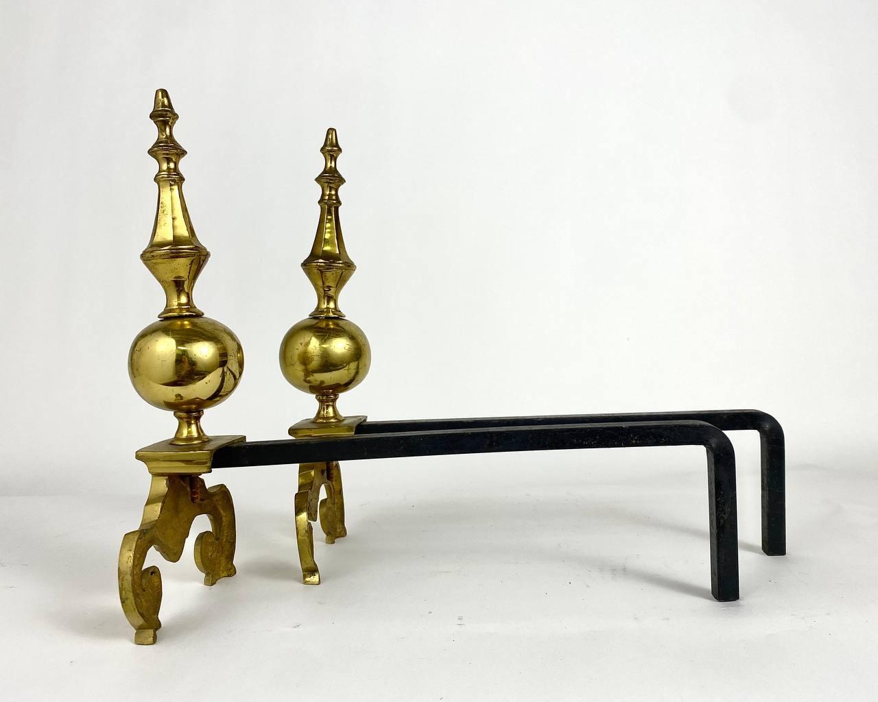 Empire Baroque Style Great Brass Andirons With Iron Stands, France, 1950s For Sale