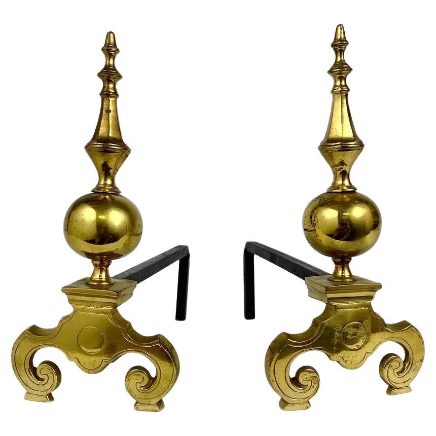 Baroque Style Great Brass Andirons With Iron Stands, France, 1950s For Sale