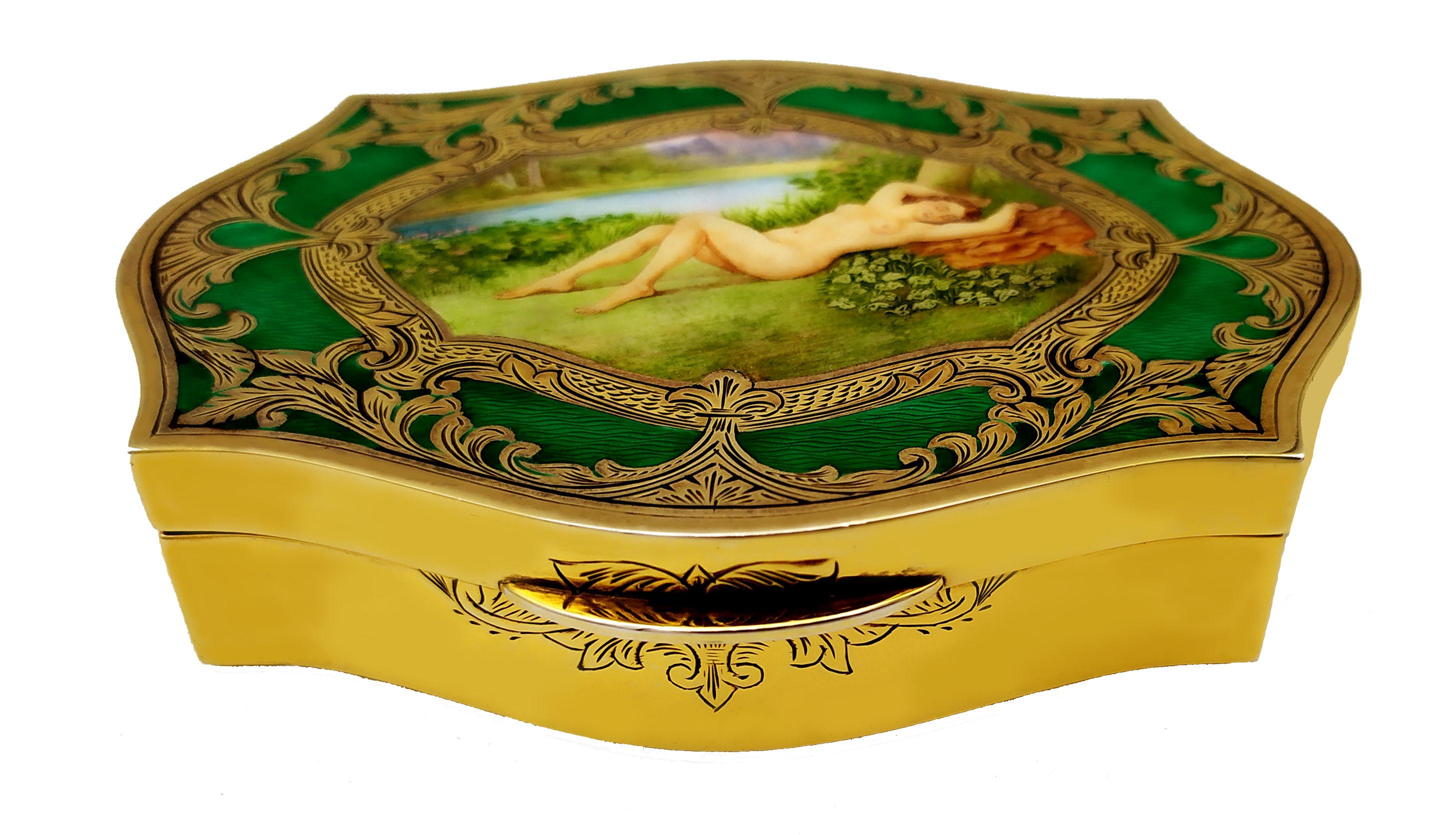 Baroque style shaped table box in 925/1000 sterling silver gold plated with fine hand engraving interspersed with spaces with translucent fired enamels on guillochè and a beautiful hand-painted enamelled miniature in the center by the painter Romano