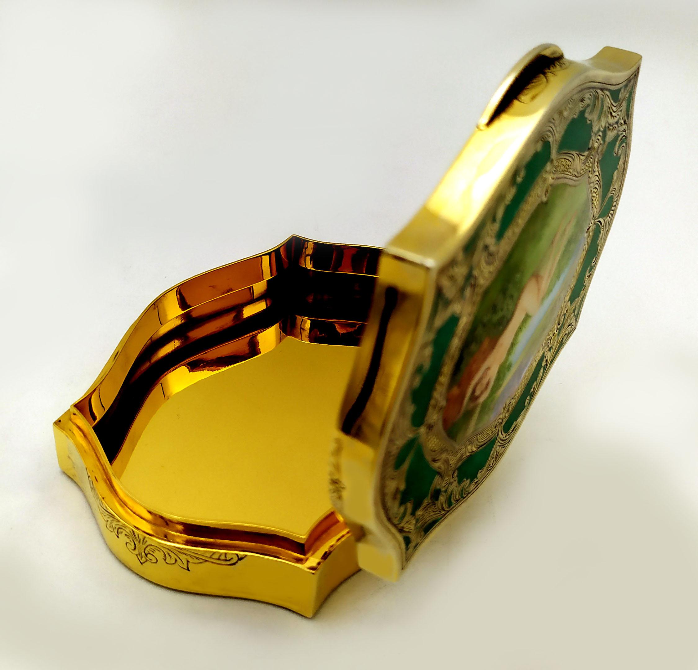 Gold Plate Baroque Style Green Table Box with Miniature Sterling Silver Salimbeni For Sale