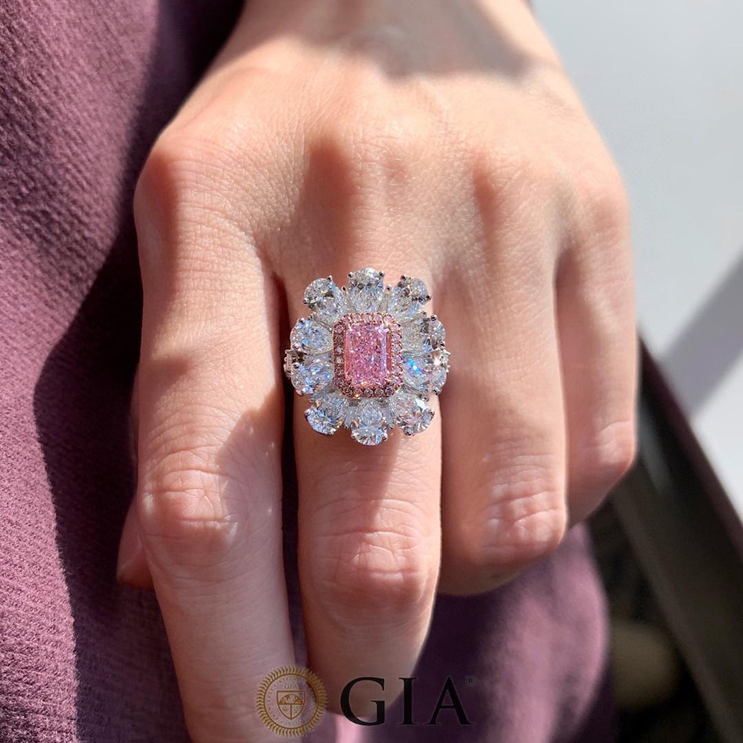 Women's Baroque Style Halo Ring in 1 Carat Radiant Cut GIA Certified Rose Diamond For Sale