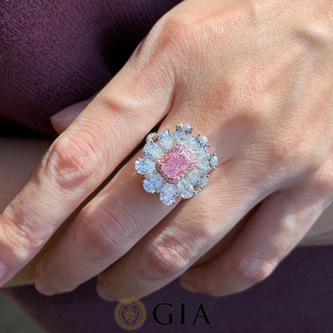 Baroque Style Halo Ring in 1 Carat Radiant Cut GIA Certified Rose Diamond For Sale 1