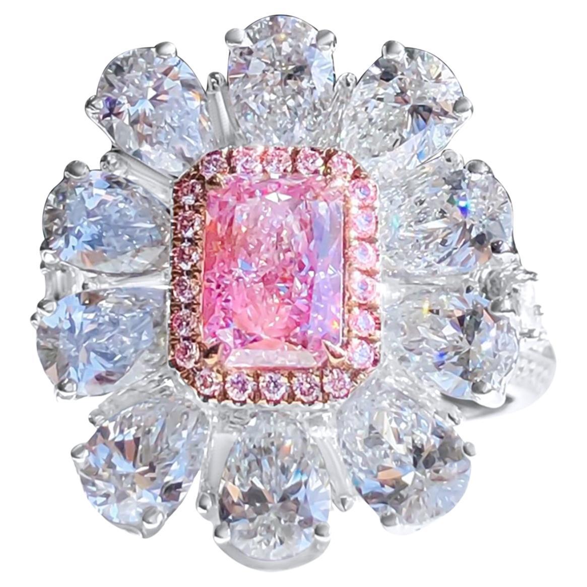 Baroque Style Halo Ring in 1 Carat Radiant Cut GIA Certified Rose Diamond For Sale
