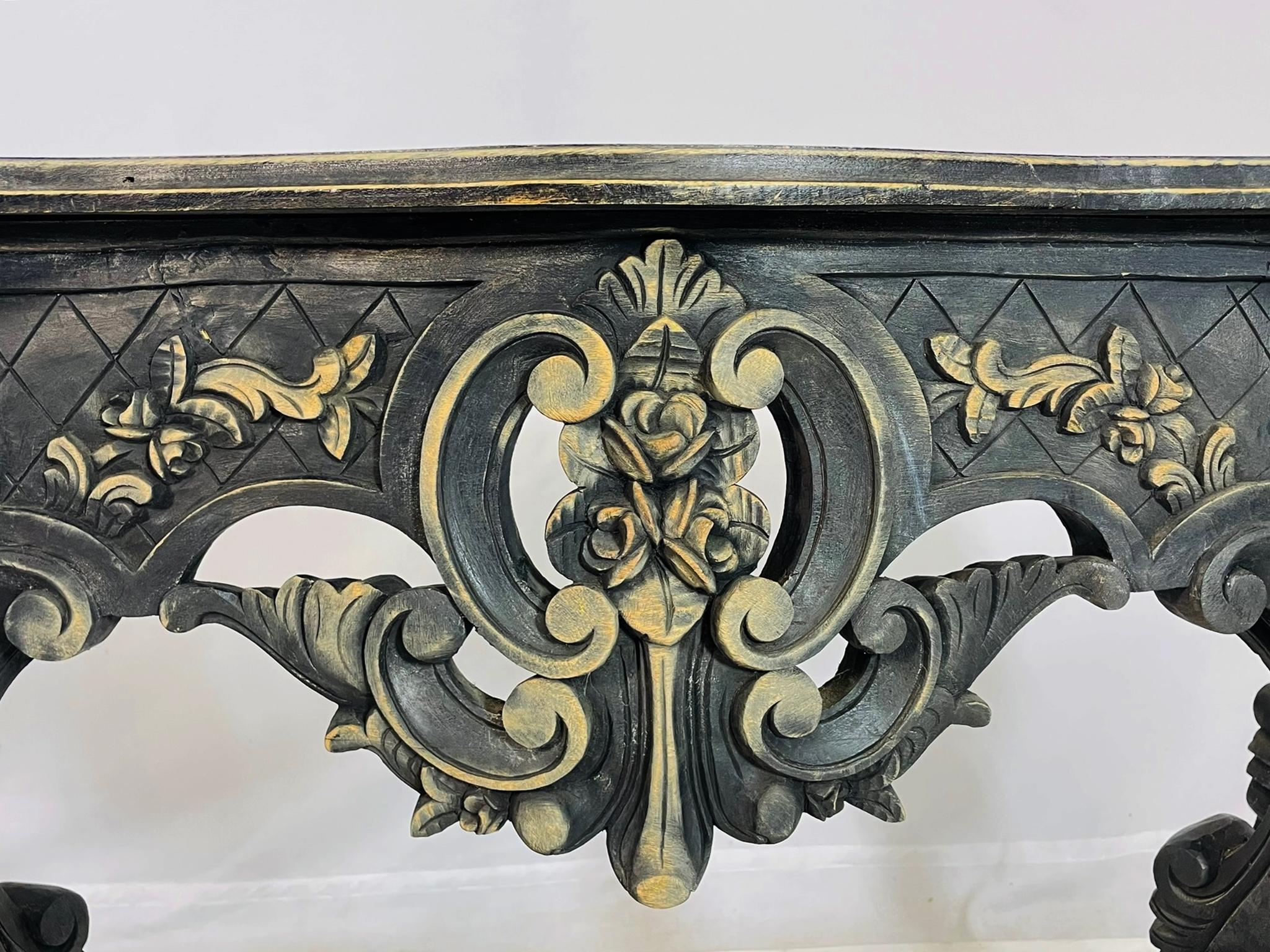 Baroque-Style Hand-Carved Console Table with Floral Details For Sale 5