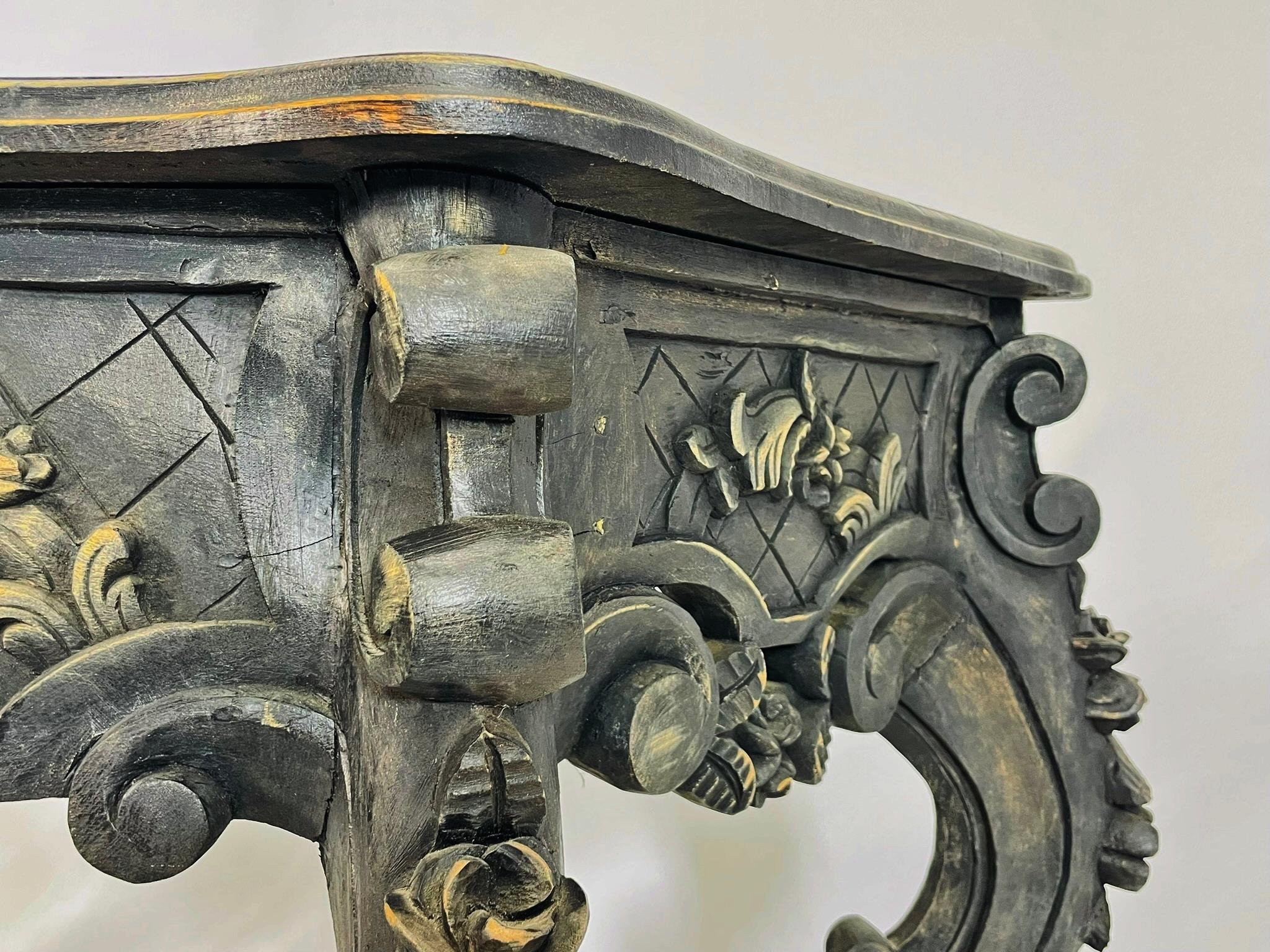 Baroque-Style Hand-Carved Console Table with Floral Details For Sale 7
