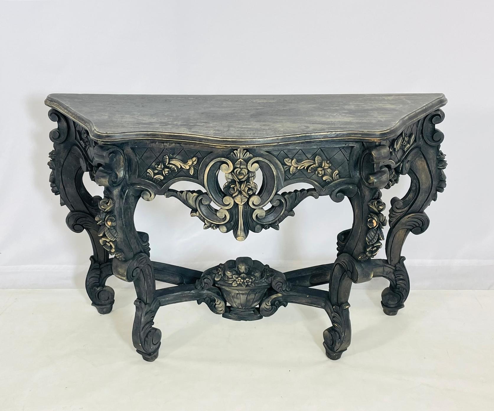 Hand-Crafted Baroque-Style Hand-Carved Console Table with Floral Details For Sale