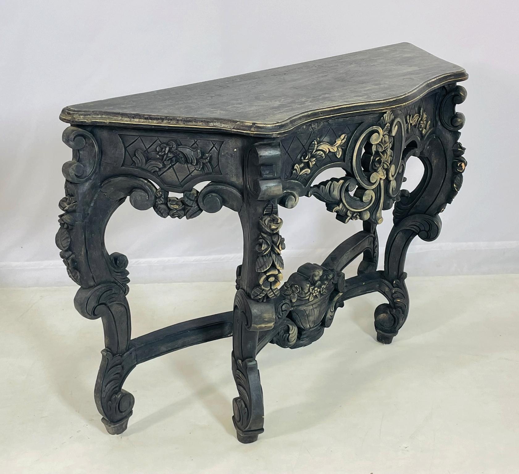 Baroque-Style Hand-Carved Console Table with Floral Details In Good Condition For Sale In Los Angeles, CA