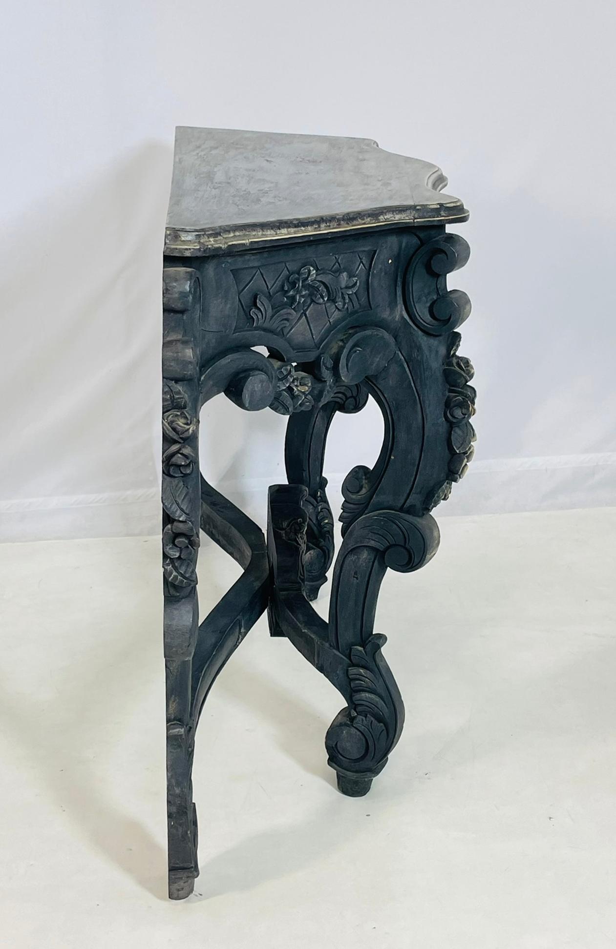Wood Baroque-Style Hand-Carved Console Table with Floral Details For Sale