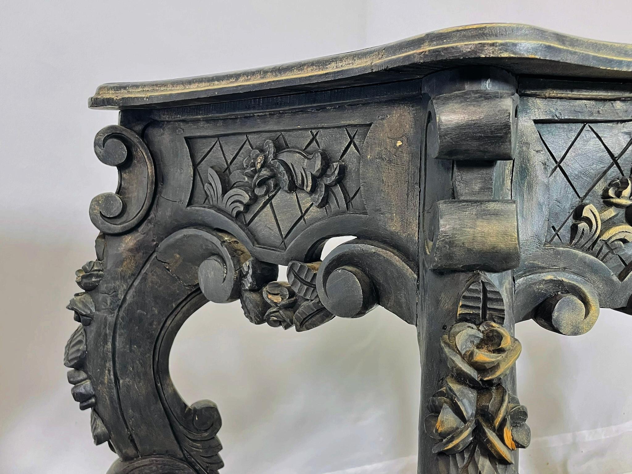Baroque-Style Hand-Carved Console Table with Floral Details For Sale 1