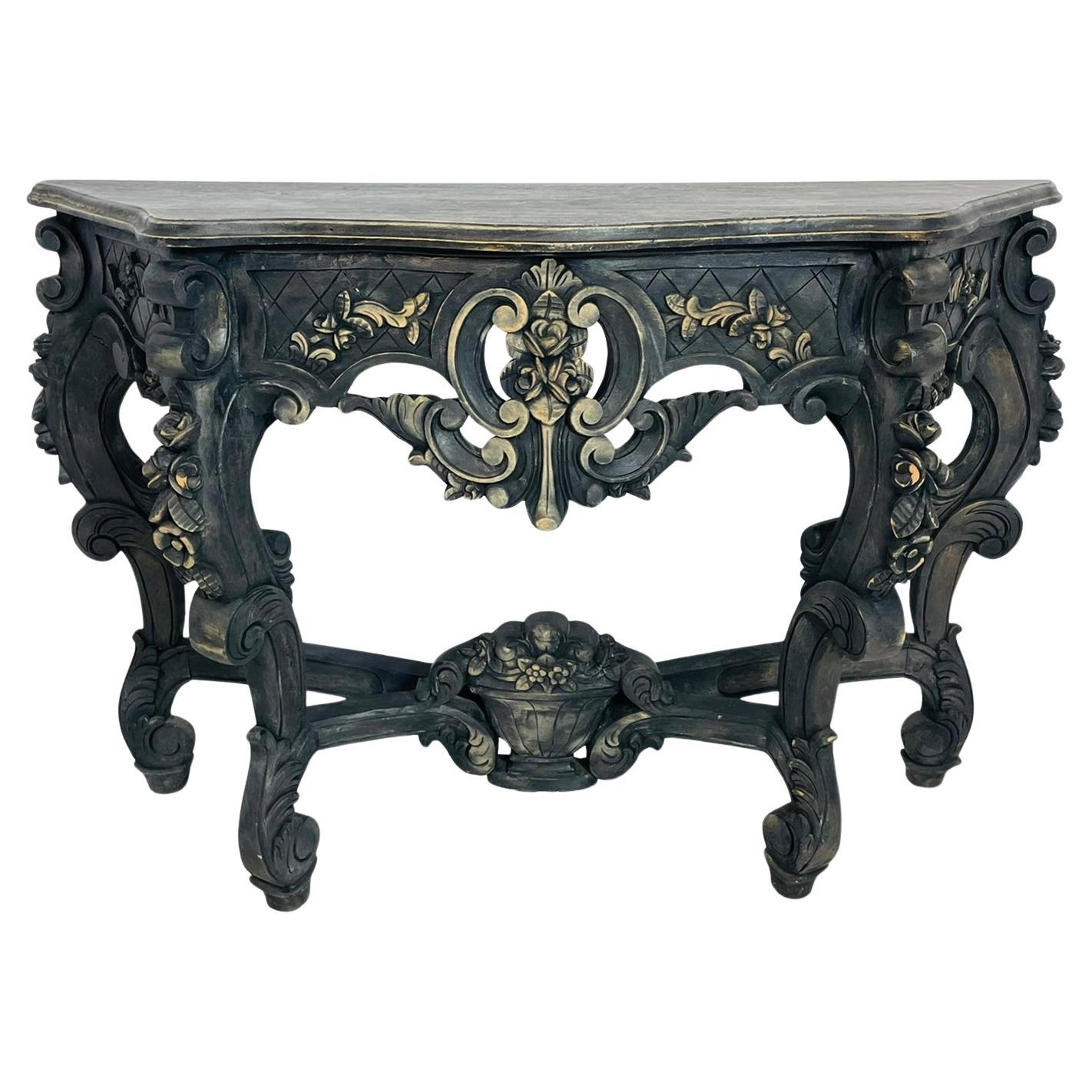Baroque-Style Hand-Carved Console Table with Floral Details For Sale