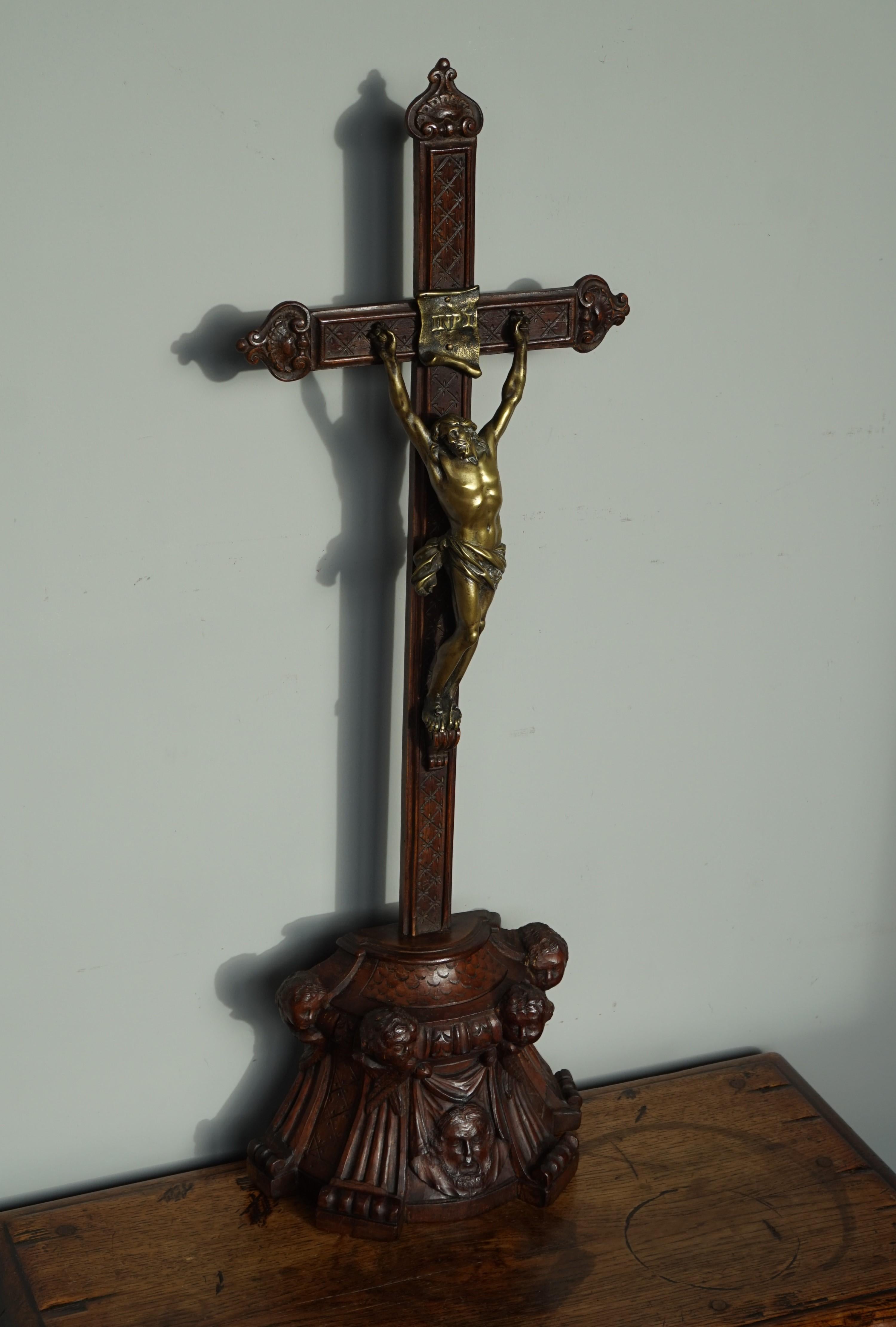 Baroque Style Hand Carved Wooden Crucifix with Stunning Bronze Corpus of Christ For Sale 6