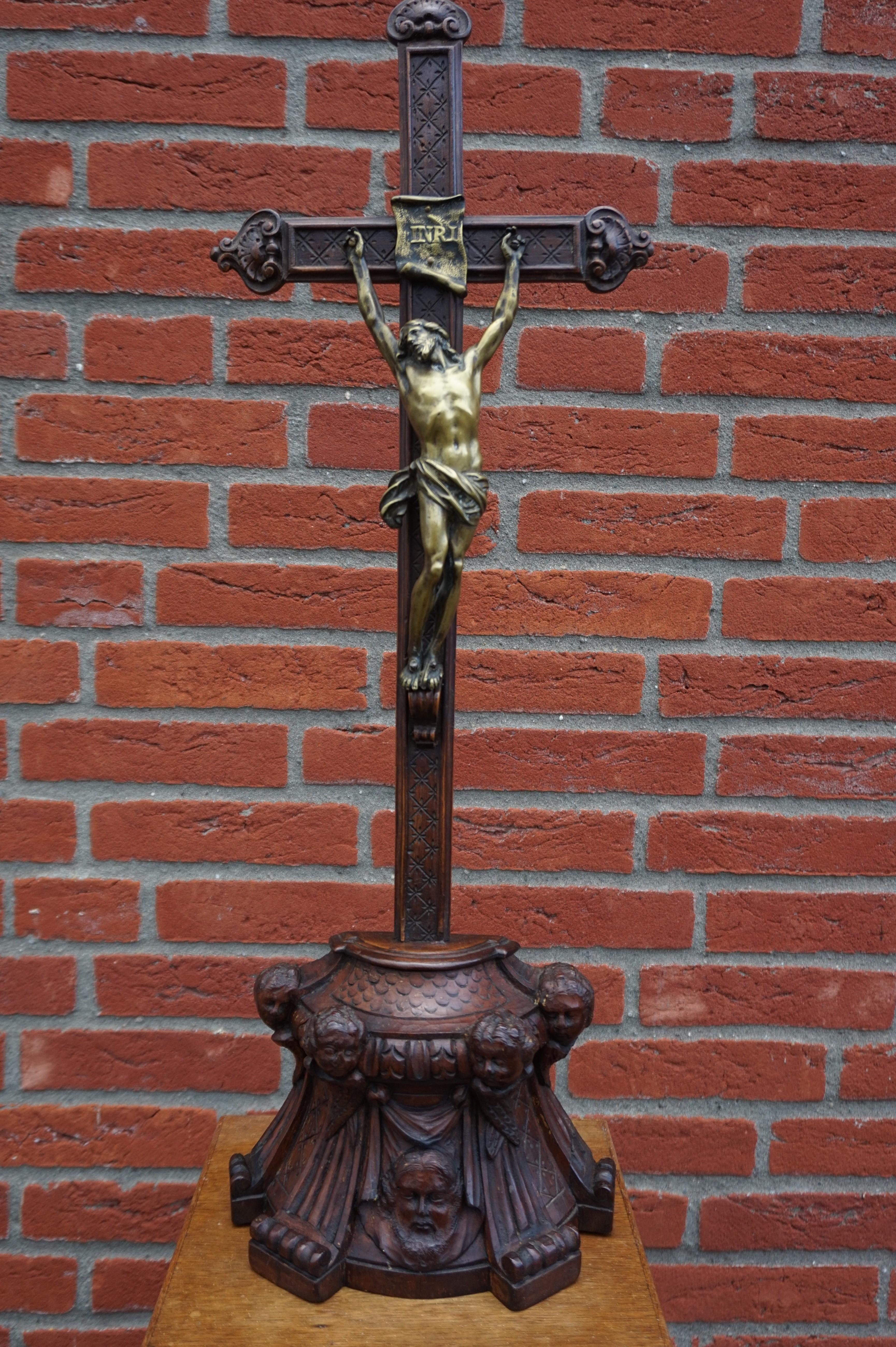 European Baroque Style Hand Carved Wooden Crucifix with Stunning Bronze Corpus of Christ For Sale