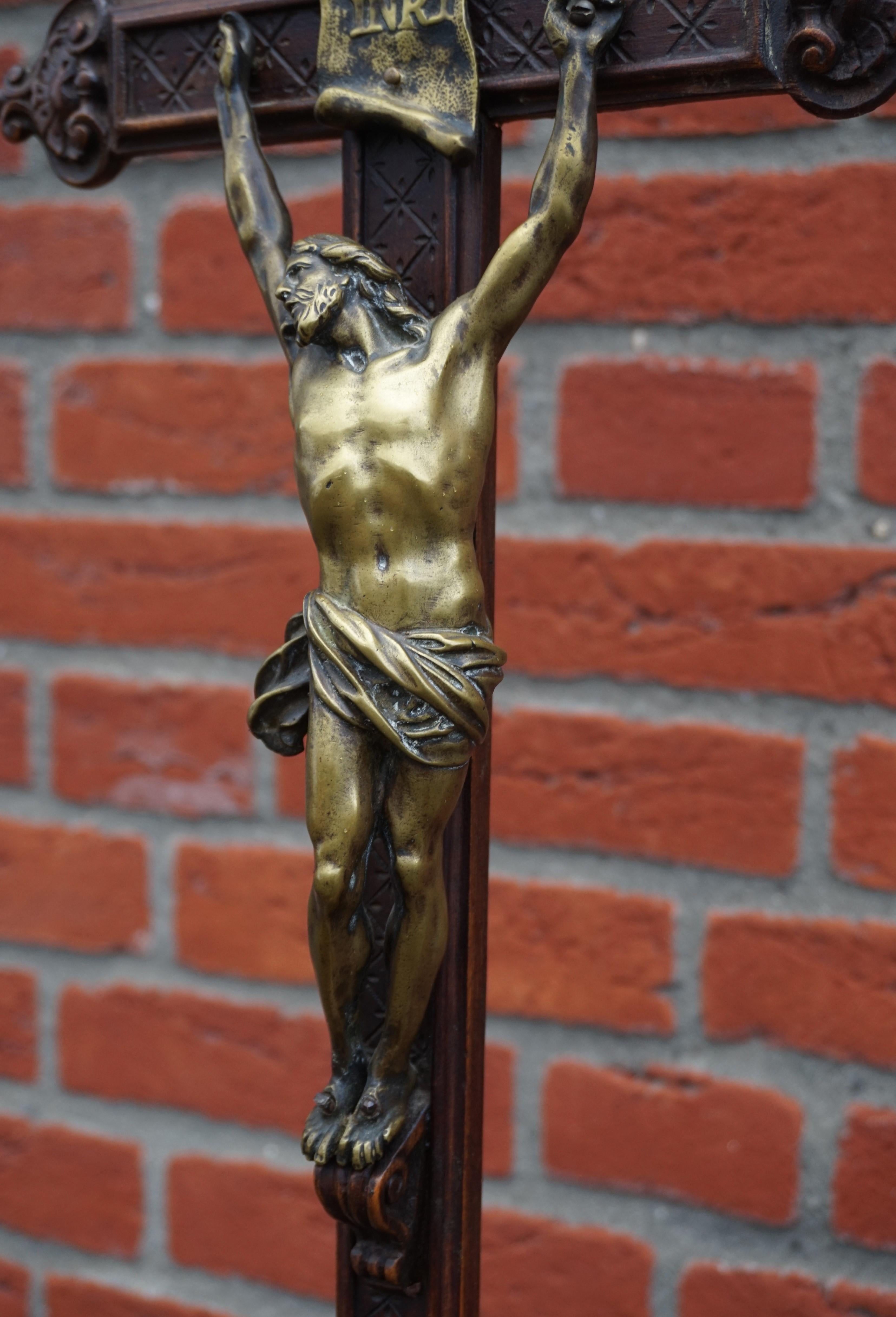 Hand-Carved Baroque Style Hand Carved Wooden Crucifix with Stunning Bronze Corpus of Christ For Sale