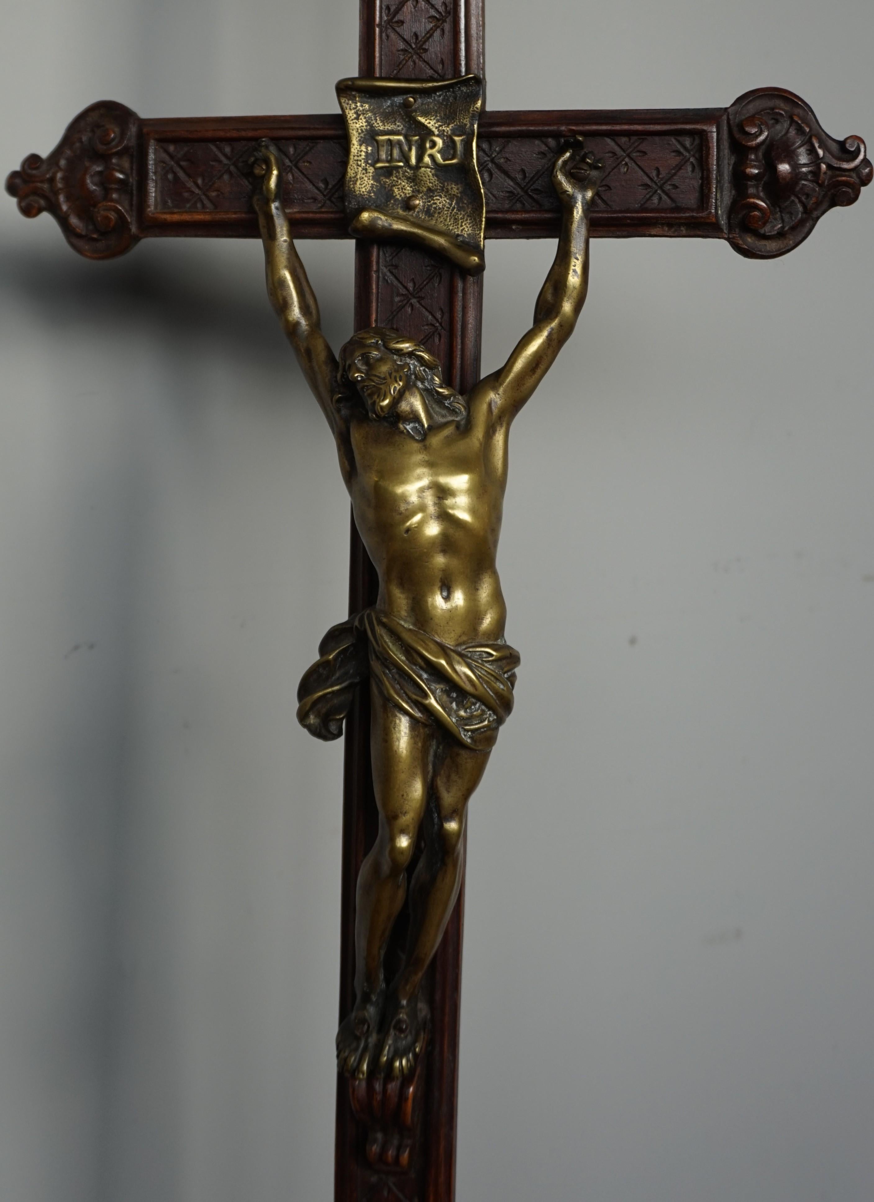 19th Century Baroque Style Hand Carved Wooden Crucifix with Stunning Bronze Corpus of Christ For Sale