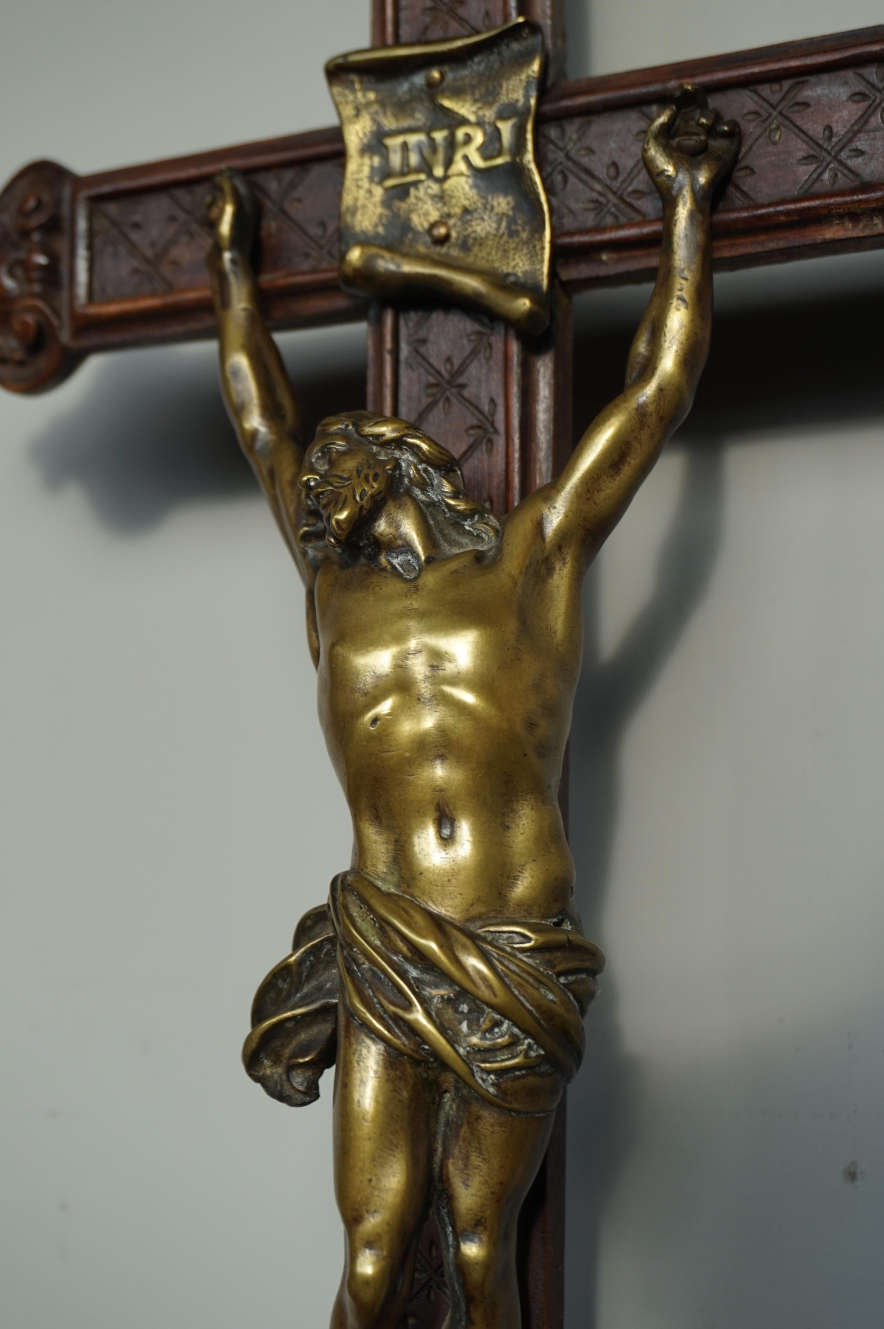 Baroque Style Hand Carved Wooden Crucifix with Stunning Bronze Corpus of Christ For Sale 2