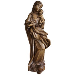 Baroque Style Hand Carved Wooden Sculpture of Mary and Child Jesus and an Angel
