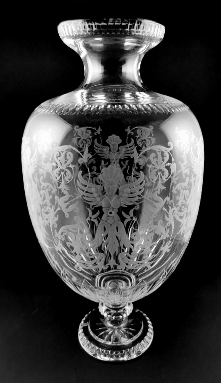 Hand-Crafted Baroque Style Large Italian Crystal Vase With Grotesque Engravings For Sale