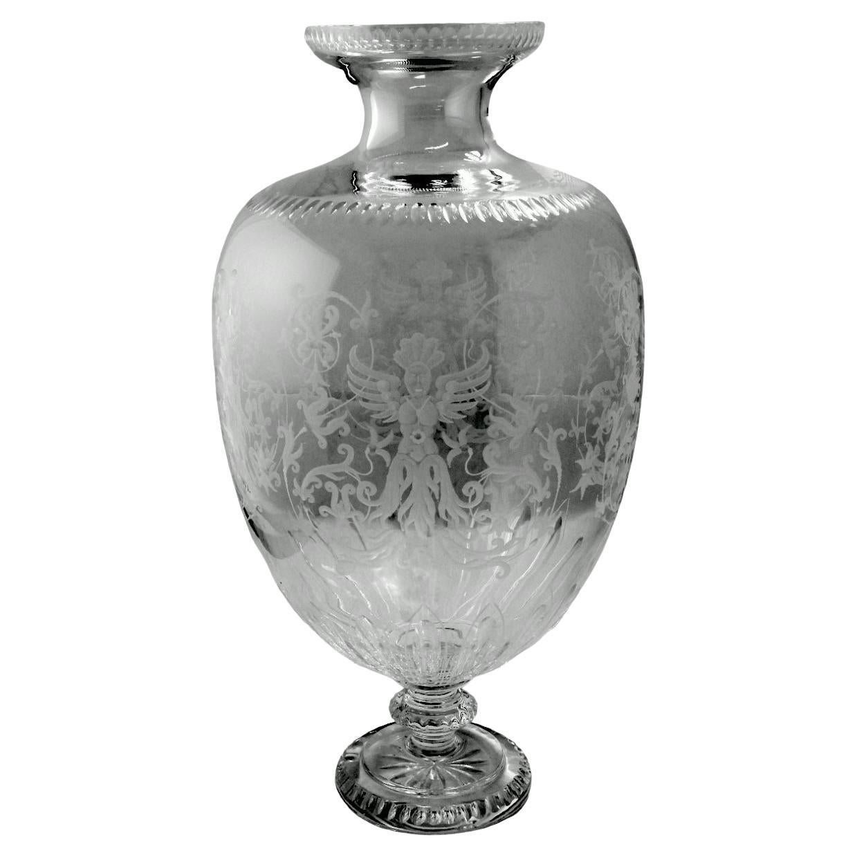Baroque Style Large Italian Crystal Vase With Grotesque Engravings For Sale