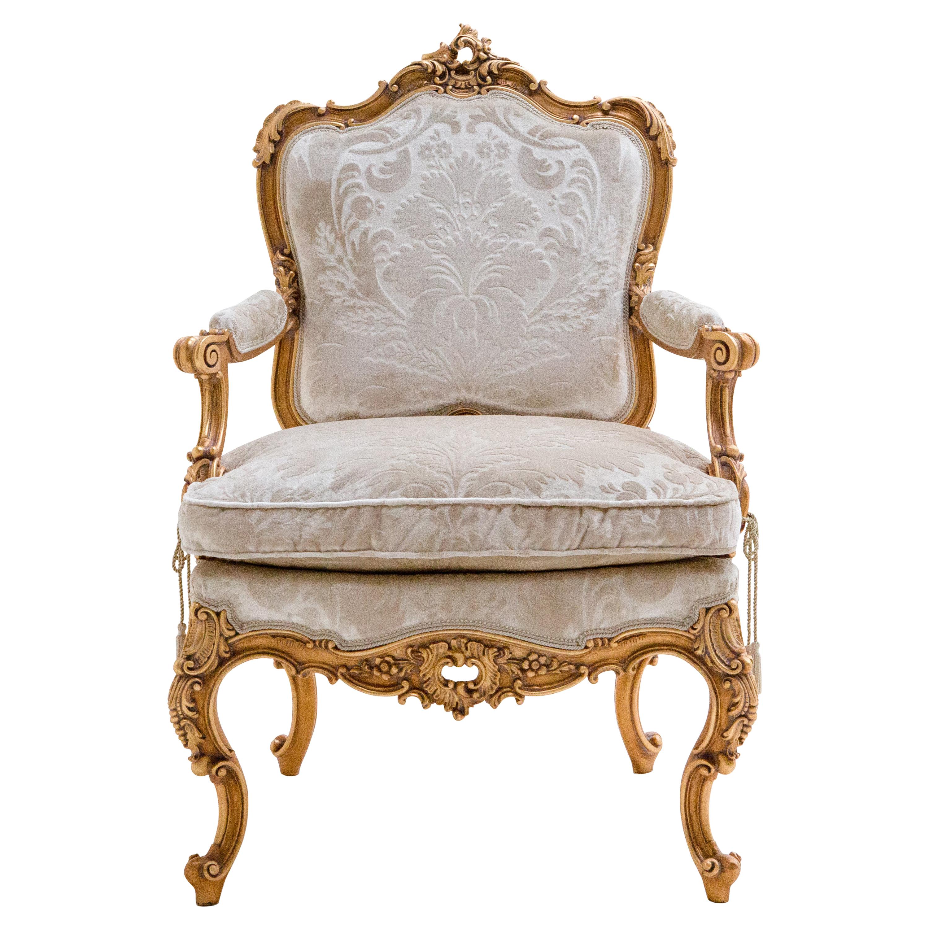 Baroque Style Living Armchair, Hand Carved and Gilded, Fully Made in Italy For Sale