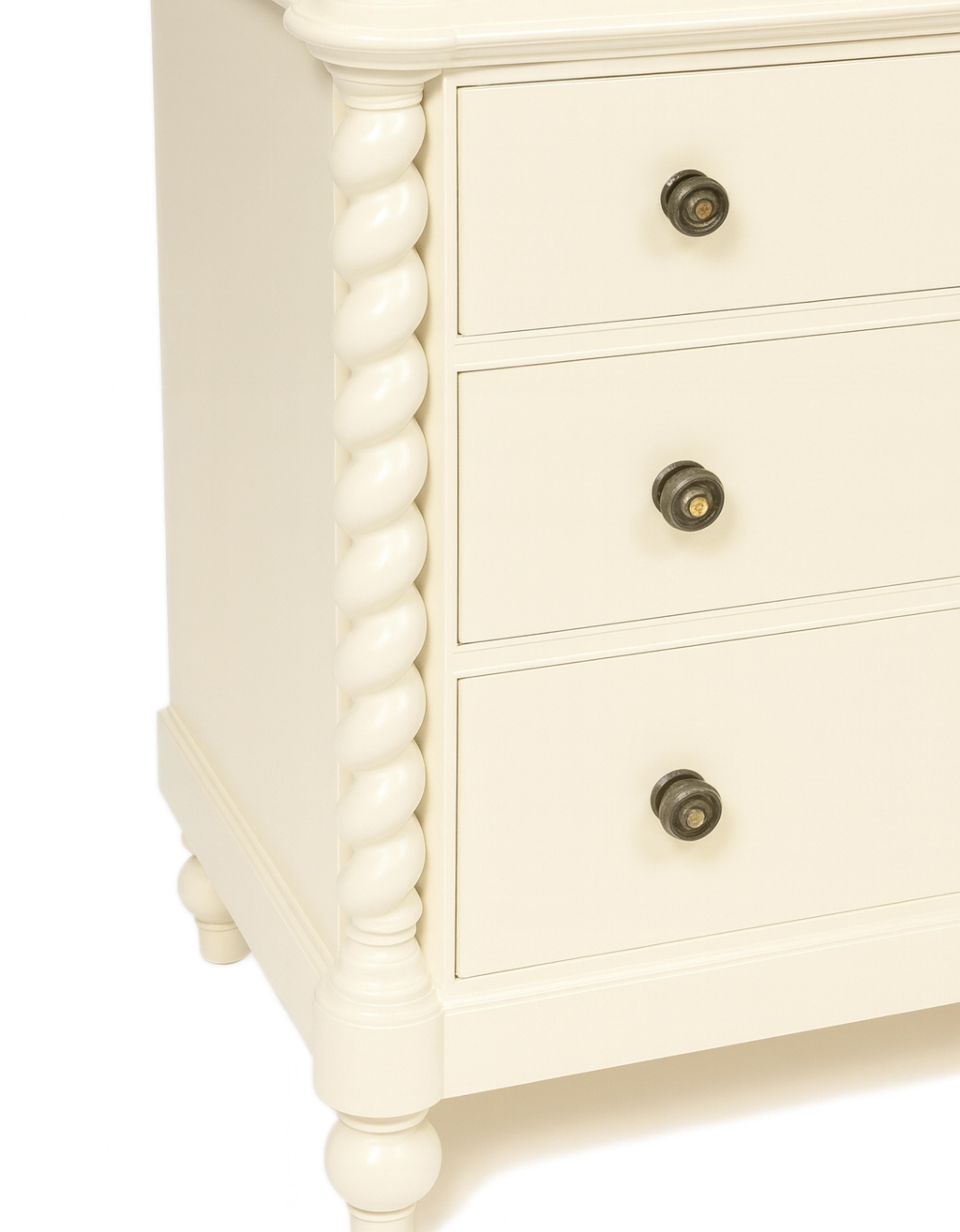 A decorative off white lacquer refinish chest of drawers oratory, featuring two bodies, two doors, and various intricate carvings. The upper body of the chest showcases carved, cut, and cut-out designs, including vegetal motifs, winding patterns,