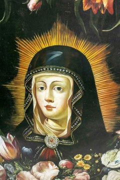 Barockes Ölgemälde eines Heiligen, umgeben von einer Blumengirlande