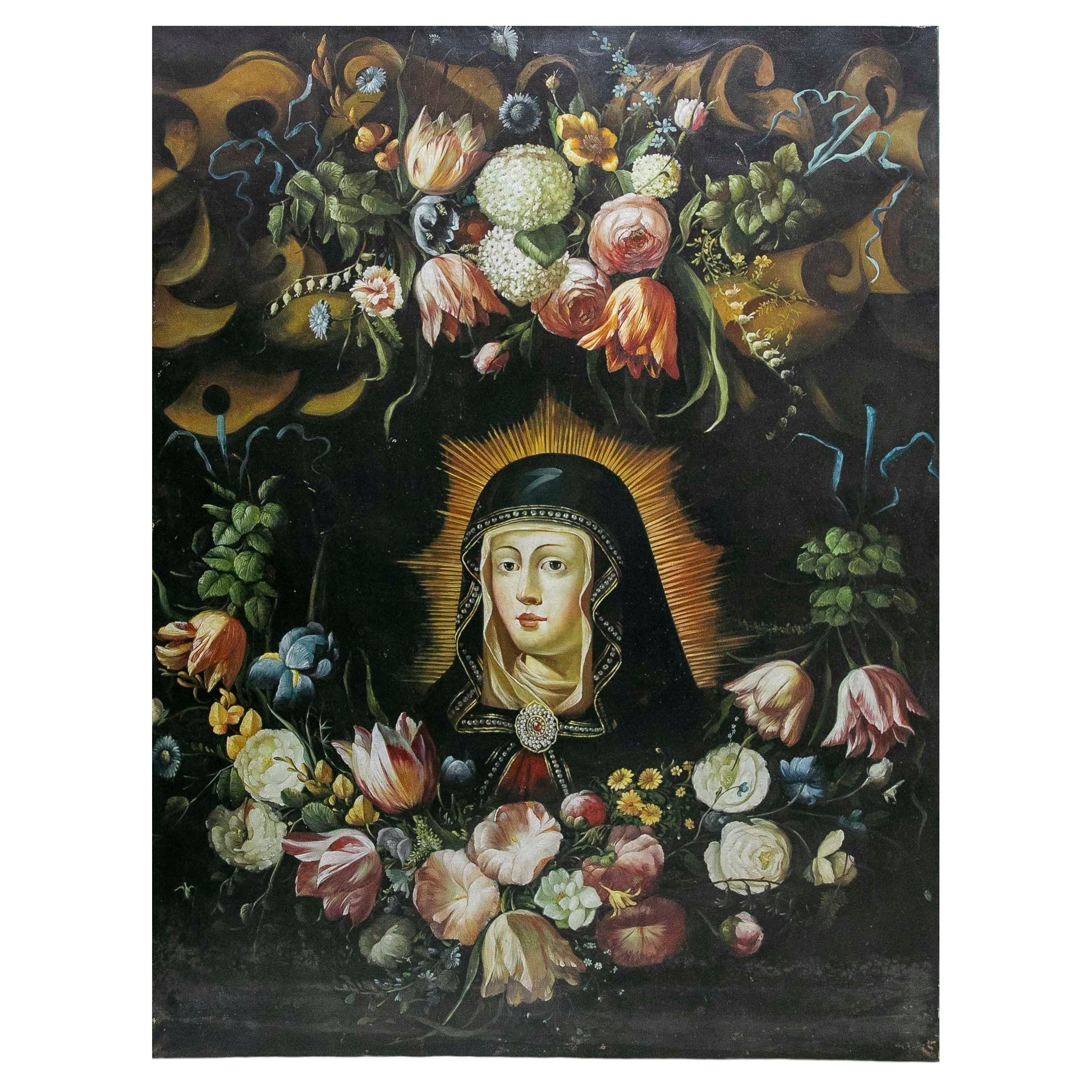 Baroque Style Oil Painting of a Saint Surrounded by a Floral Garland For Sale