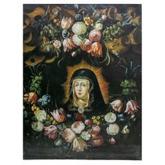 Barockes Ölgemälde eines Heiligen, umgeben von einer Blumengirlande