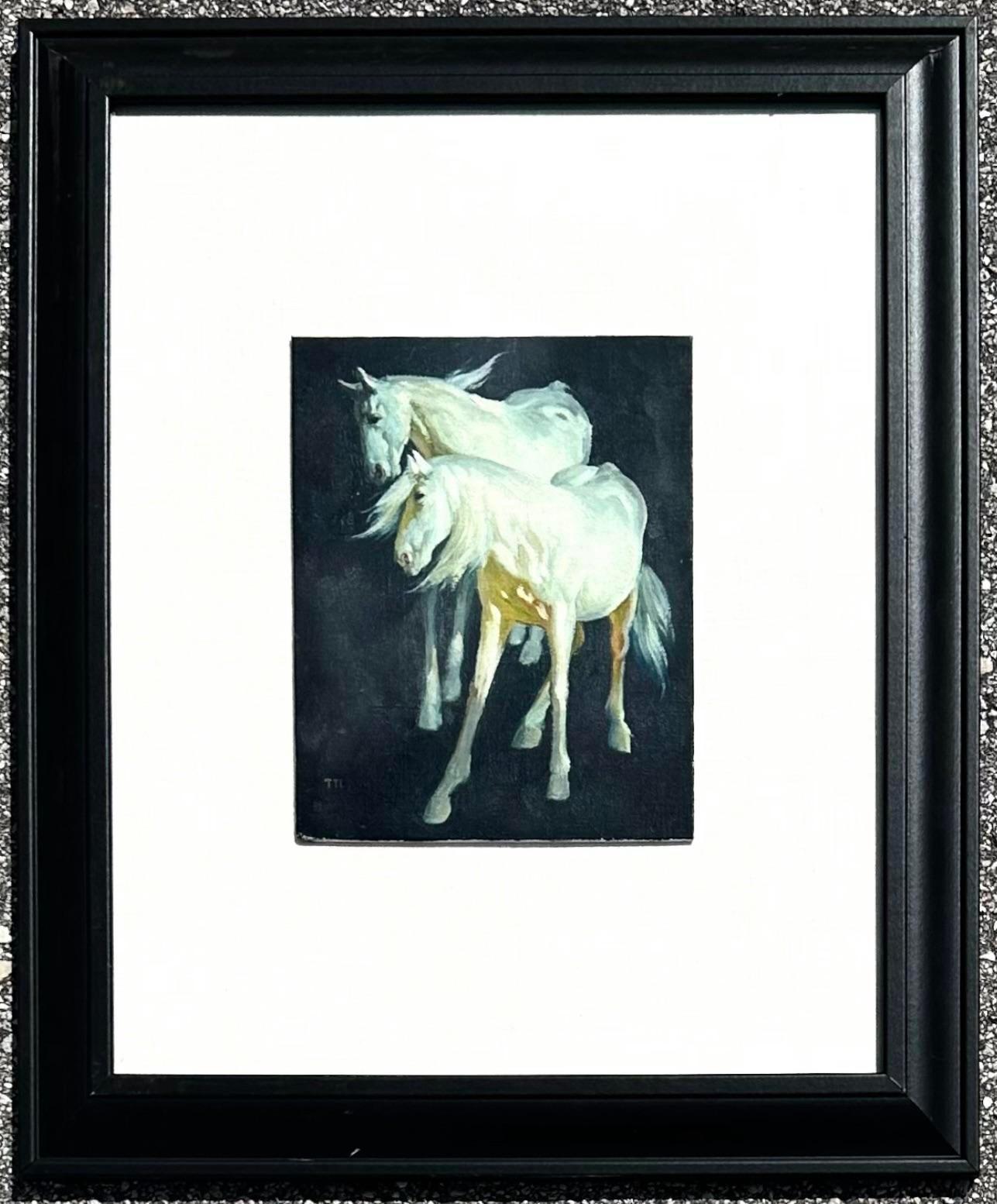 This unique painting depicts 2 horses with flowing hair one standing in front of the other. The majestic white fur contrasts gracefully with the dark black background and the artist portrays a shadow with a dark yellow coloration on the underside of