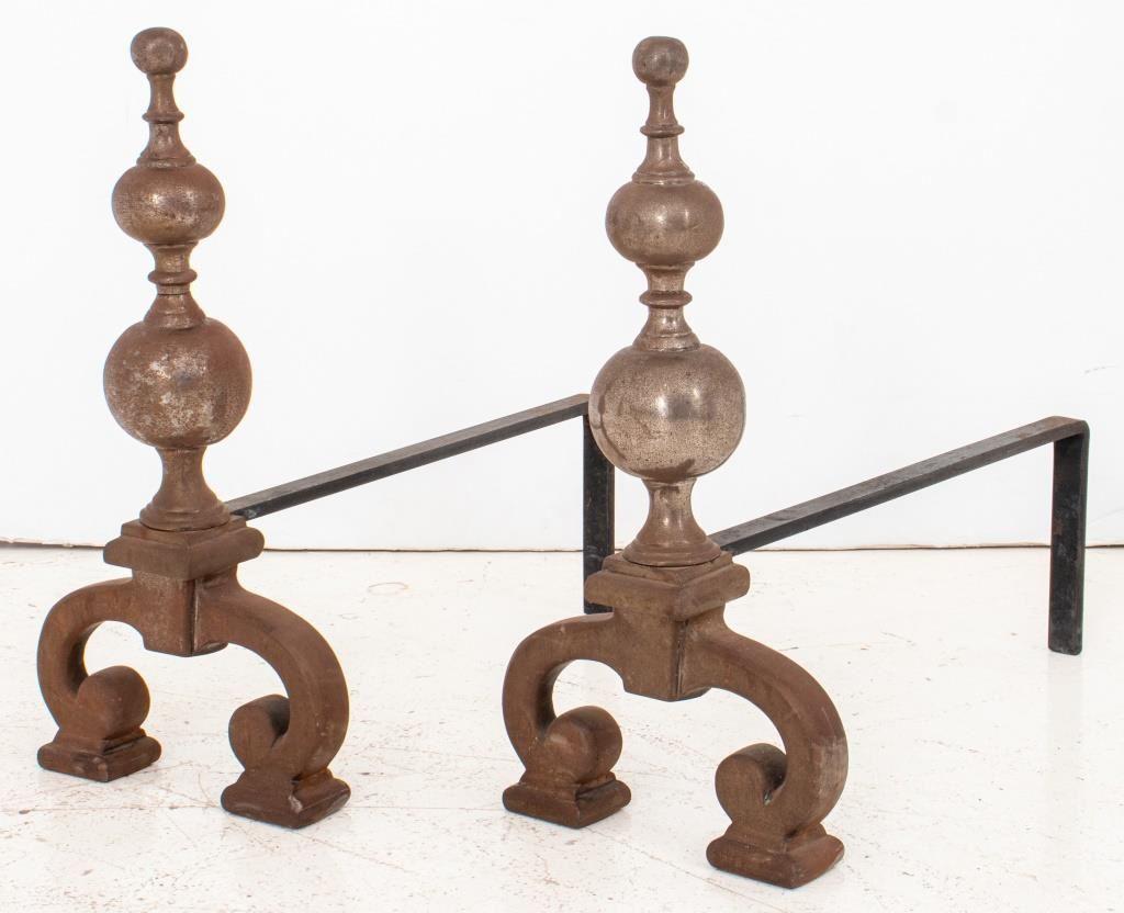 18th Century and Earlier Baroque Style Pair of Brass Andirons For Sale