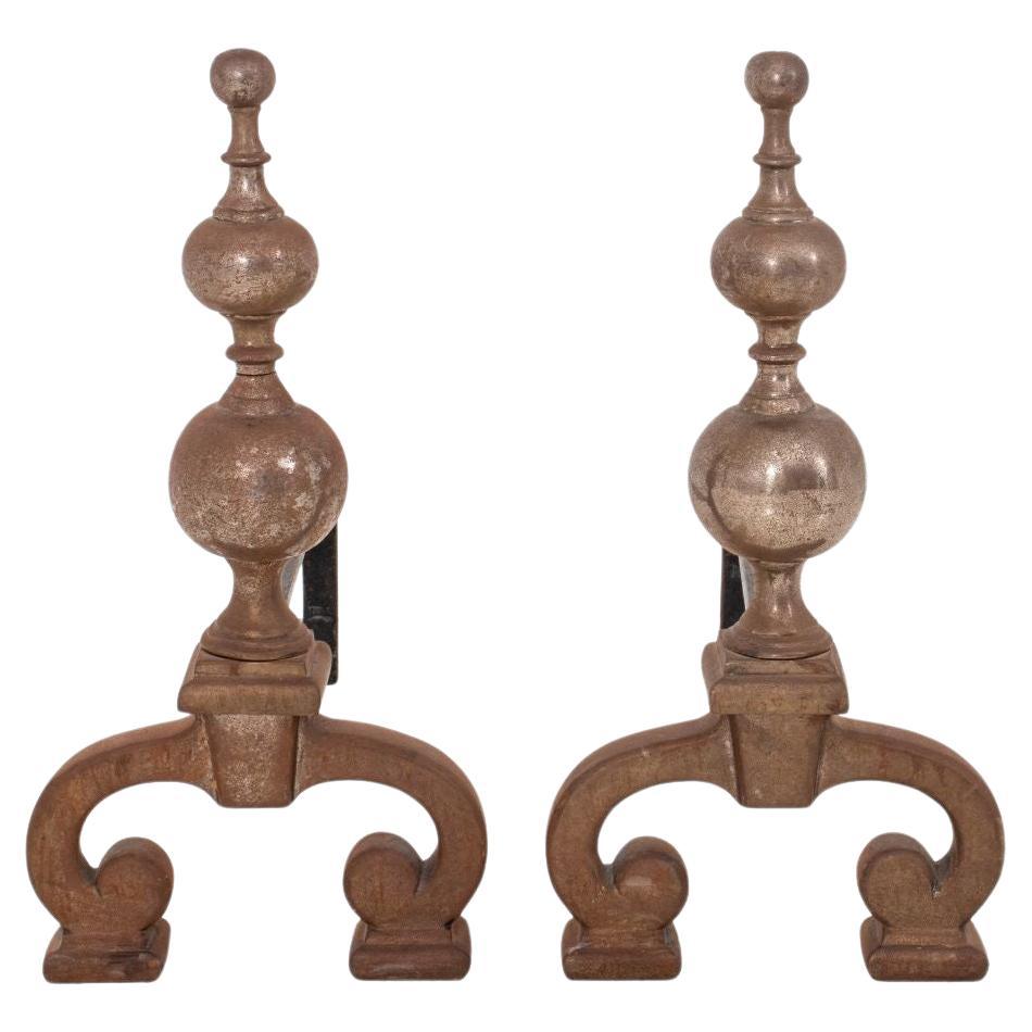 Baroque Style Pair of Brass Andirons For Sale