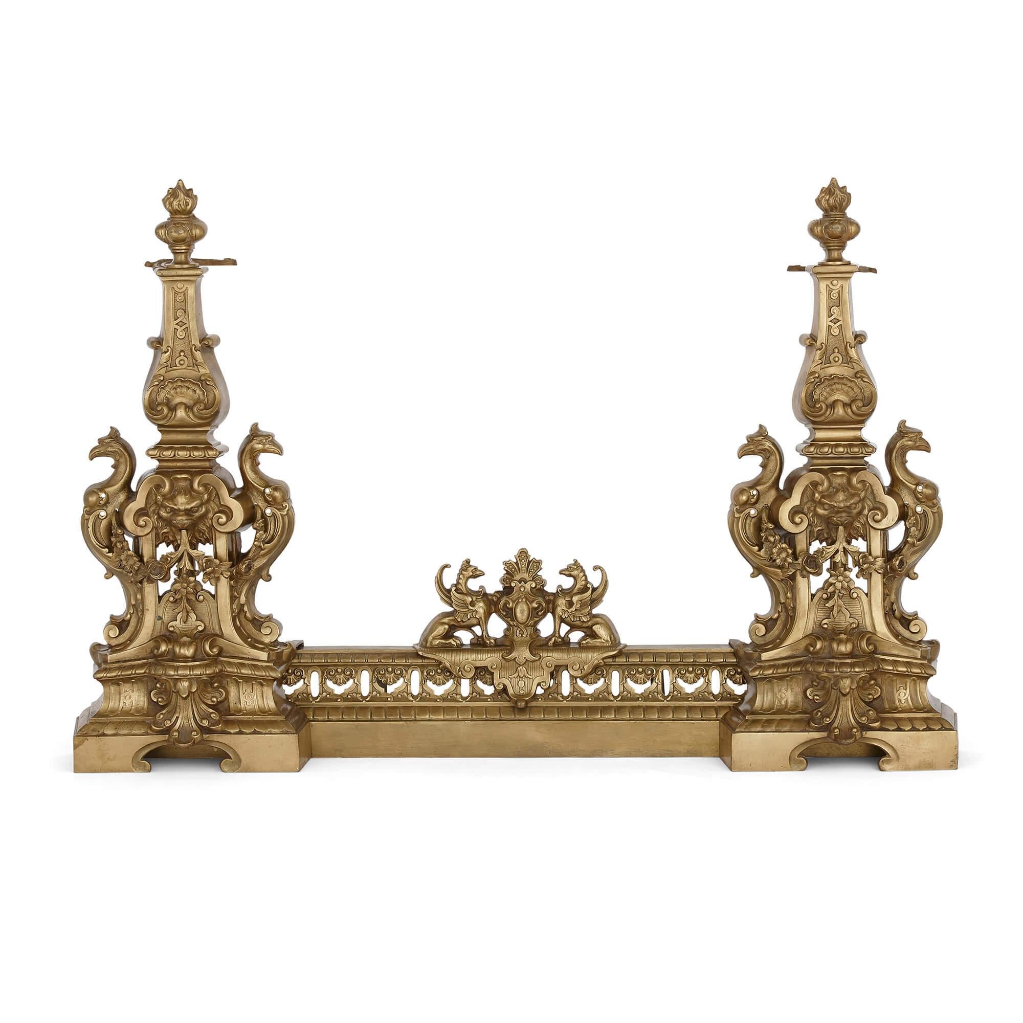 Baroque style pierced brass hearth fender
French, 19th century
Measures: Height 56cm, width when open 120cm, width when closed 86cm, depth 13cm

This beautiful hearth—or fireplace—fender is crafted from brass in the exuberant Baroque style. The