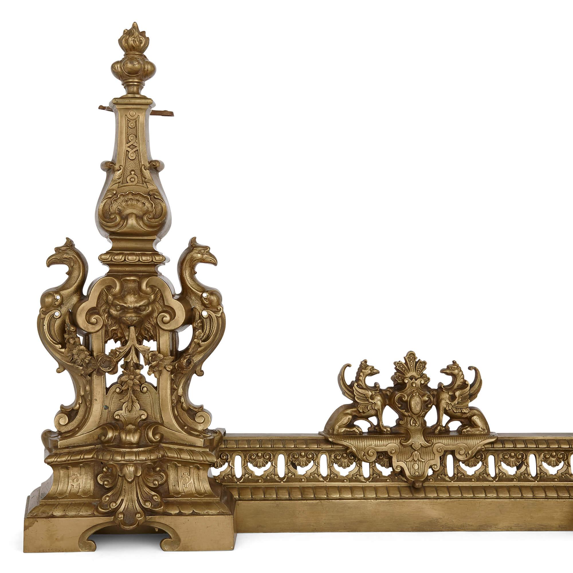 French Baroque Style Pierced Brass Hearth Fender For Sale