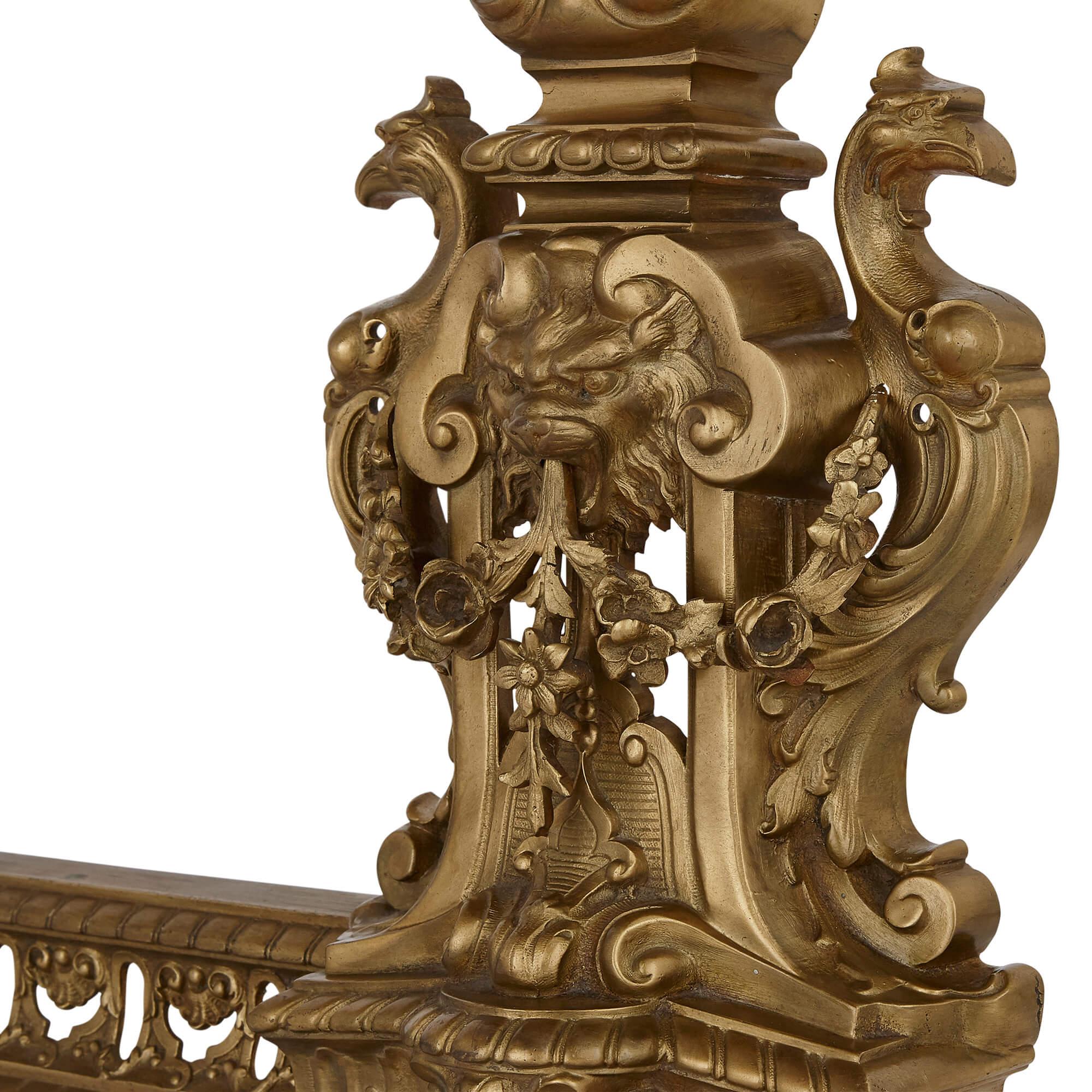 19th Century Baroque Style Pierced Brass Hearth Fender For Sale