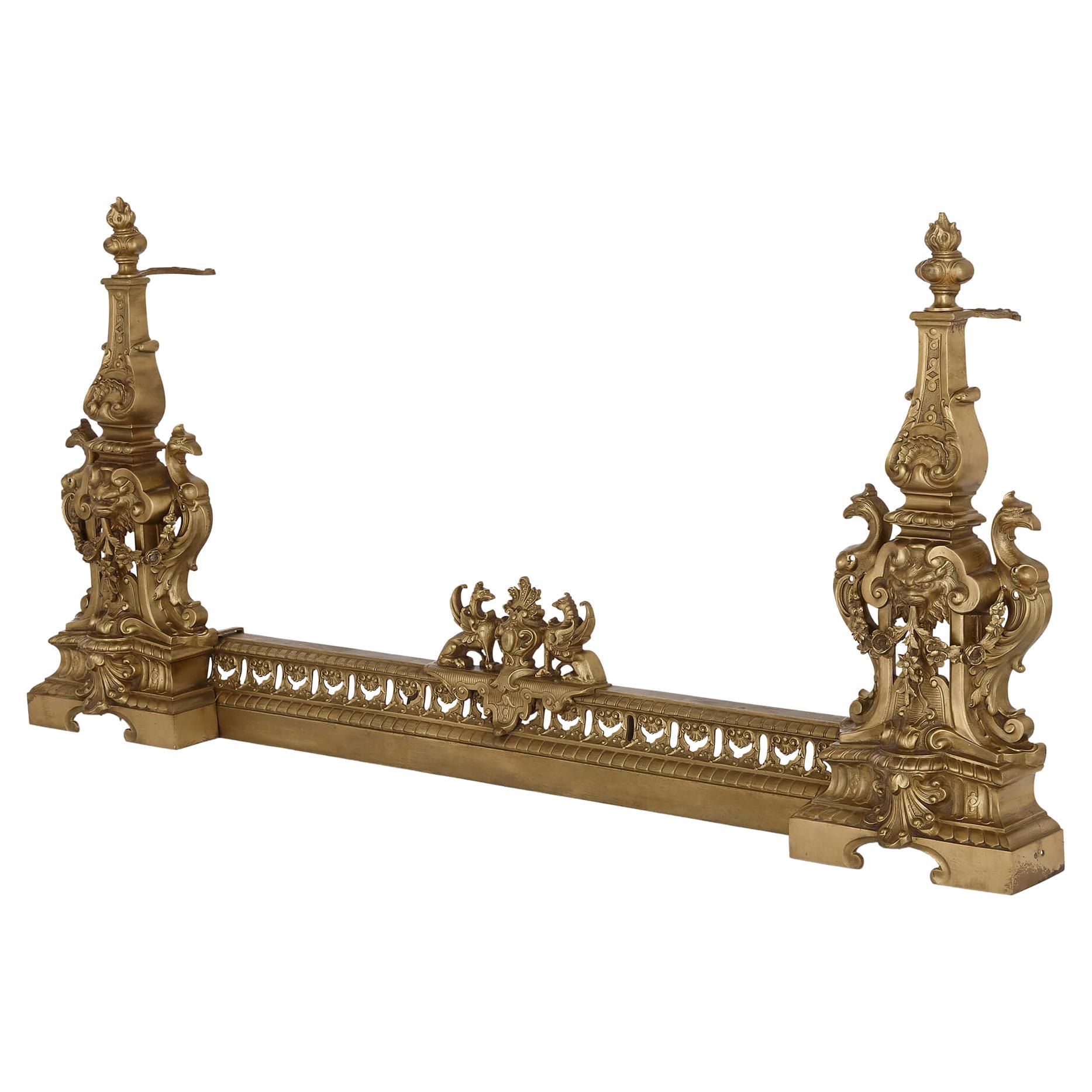 Baroque Style Pierced Brass Hearth Fender For Sale