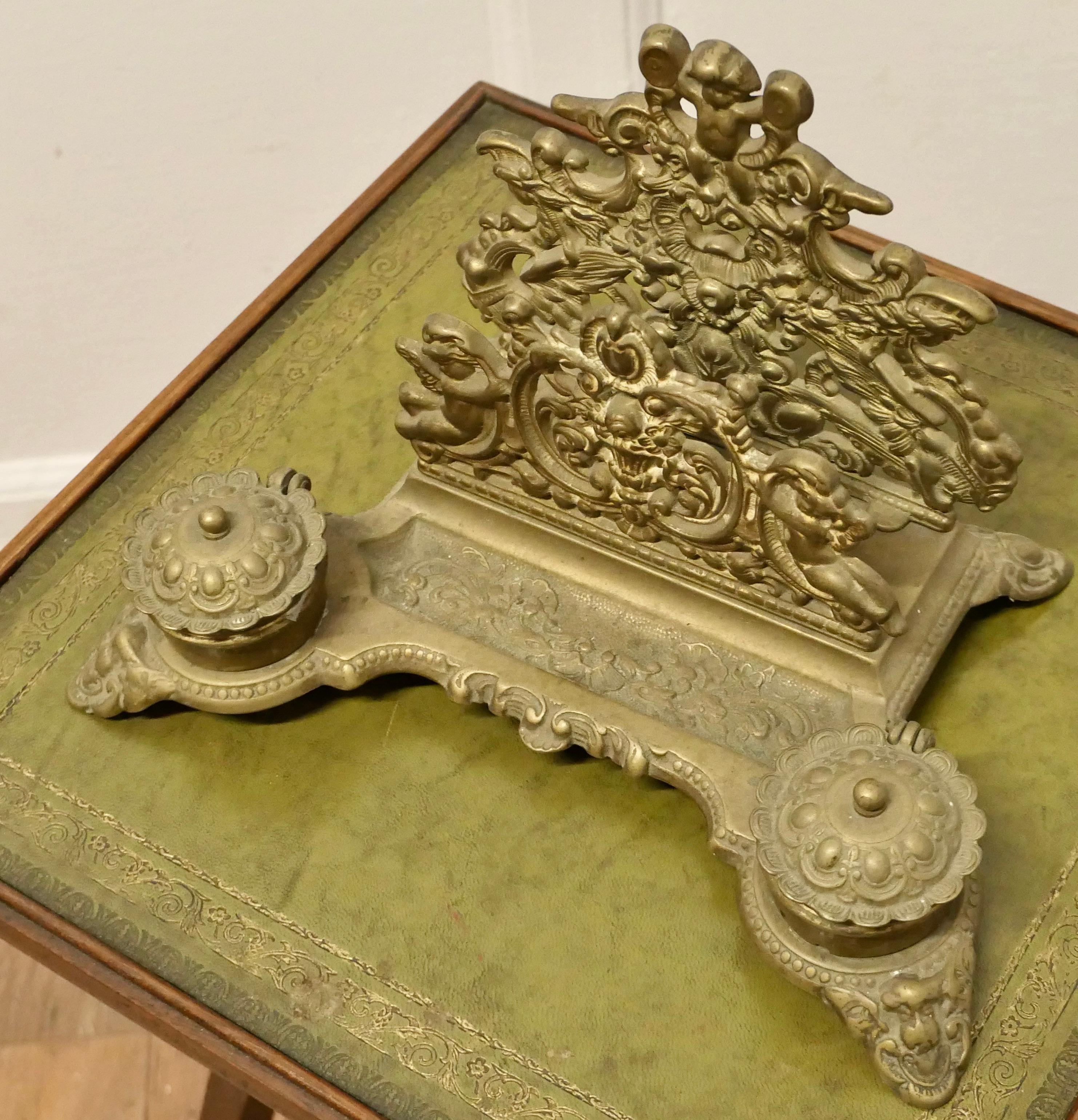 Early 20th Century Baroque Style Putti Letter Rack with 2 Inkwells  This is a very grand desk top i For Sale