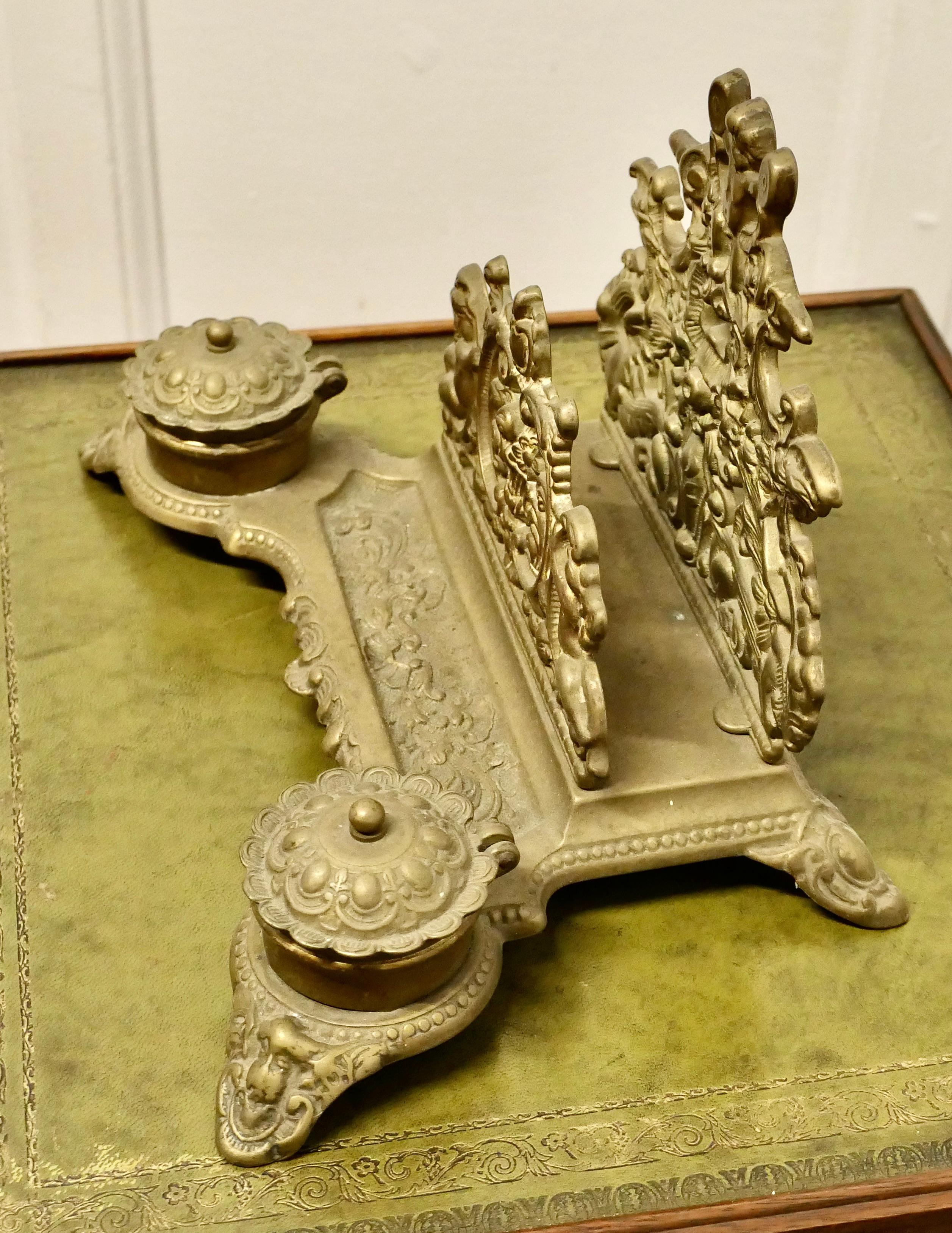 Brass Baroque Style Putti Letter Rack with 2 Inkwells  This is a very grand desk top i For Sale