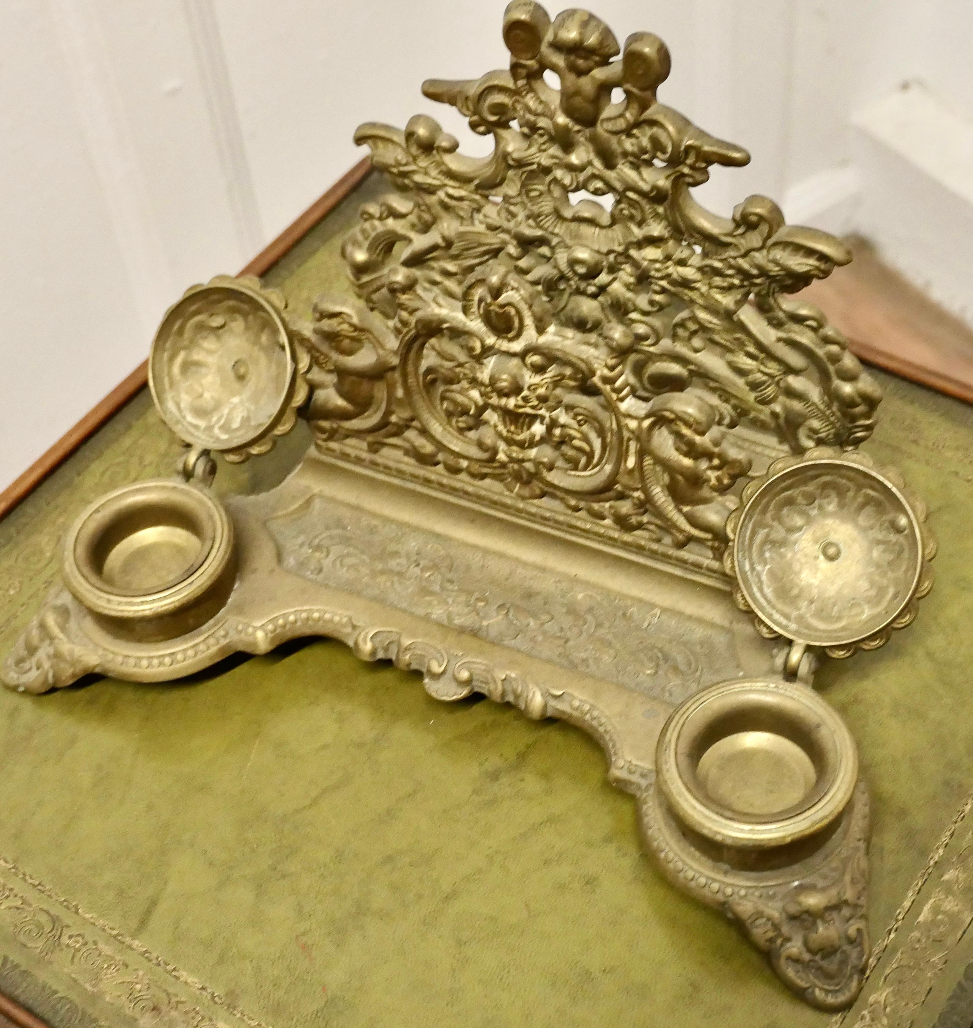 Baroque Style Putti Letter Rack with 2 Inkwells  This is a very grand desk top i For Sale 1