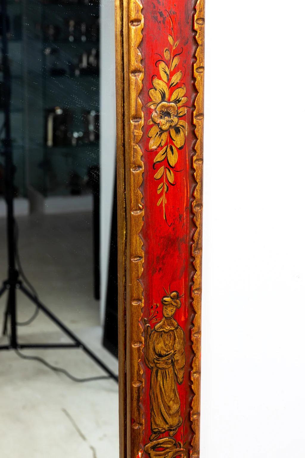 Baroque Style Red and Gilt chinoiserie Mirror For Sale 1