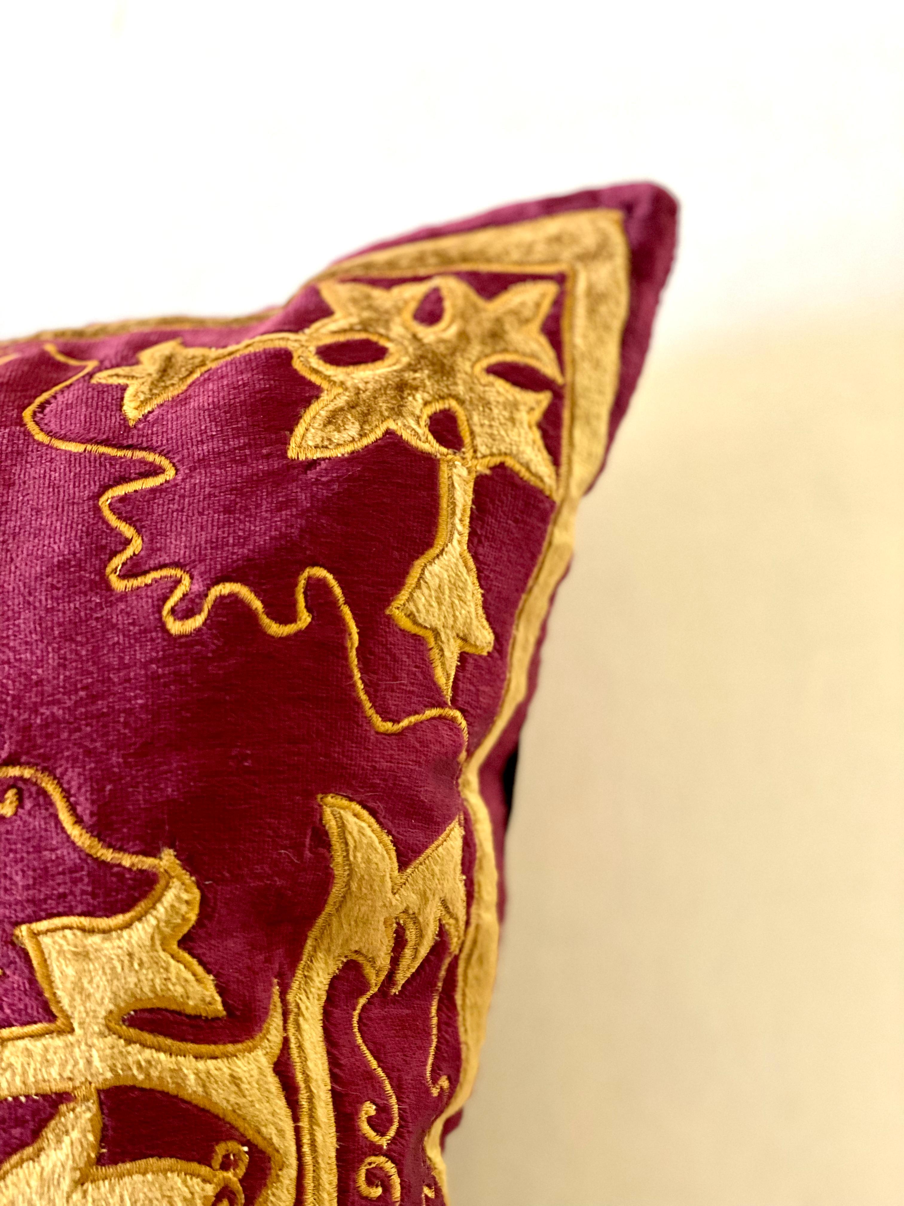 English Baroque Style, Red and Gold Velvet Pillow, Elaborate Applique Work